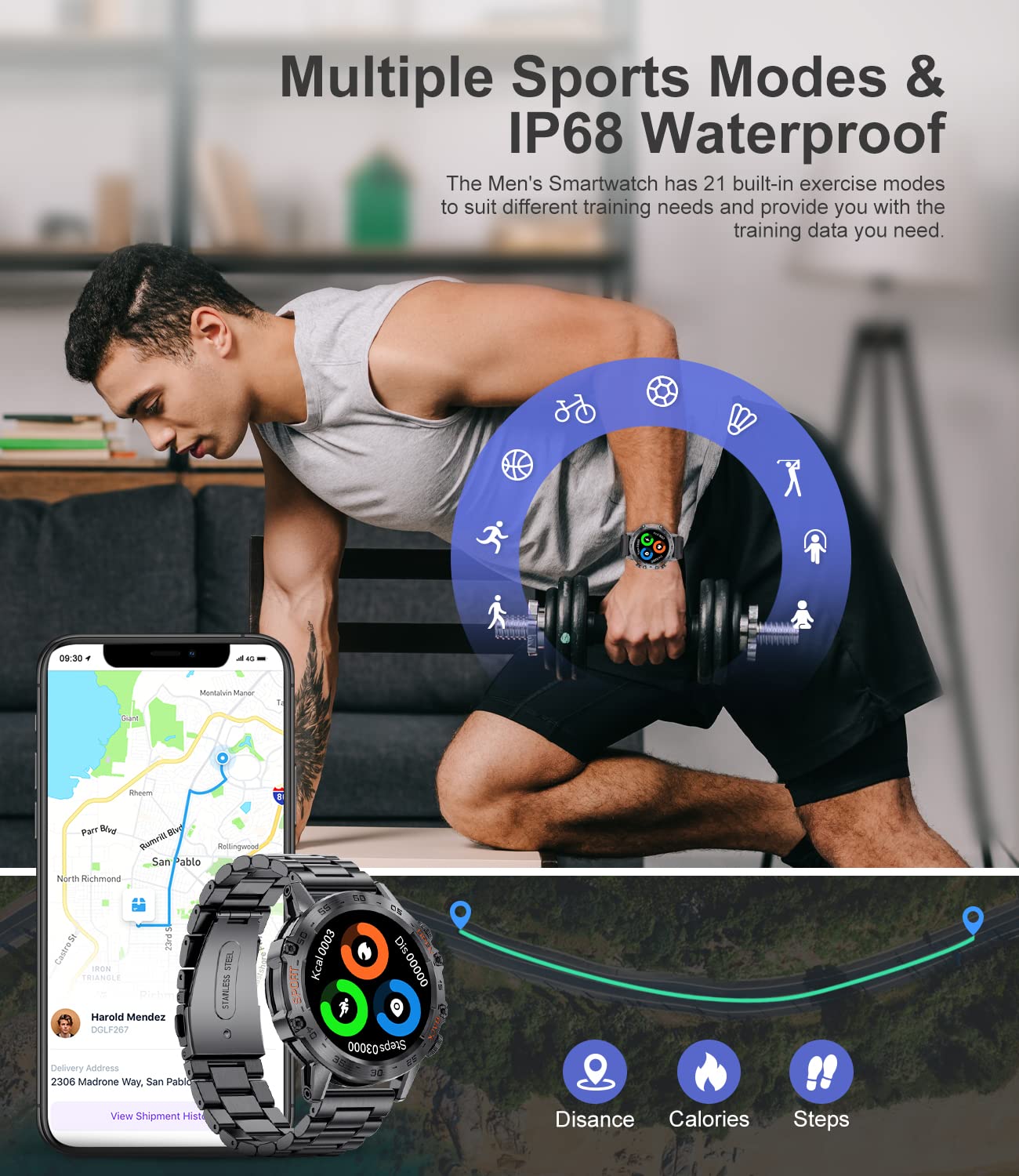 Military Smart Watch For Men(Answer/Dial Calls),1.39 ' 'Hd Touchscreen,100 Sports Modes, 5Atm Waterproof Fitness Watch,With Bloo