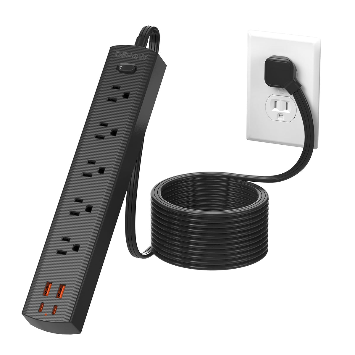 Depow 5 Outlet Power Strip Surge Protector With 4 Usb Ports (2 Usb C), 10 Ft Ultra Thin Extension Cord, Low Profile Flat Plug, 1