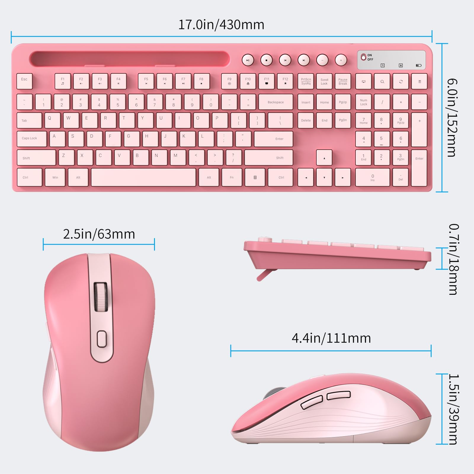 Wireless Keyboard And Mouse Combo, Marvo 2.4G Ergonomic Wireless Computer Keyboard With Phone Tablet Holder, Silent Mouse With 6 Button, Compatible With Macbook, Windows (Sakura Pink)