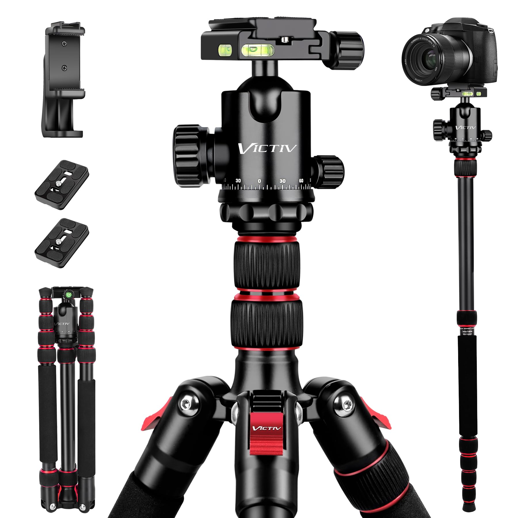 Tripod For Camera, 80� Heavy Duty Camera Tripod With Bag, Professional Ball Head Tripod With 1/4' Qr Plate, Aluminum Camera Tripod Stand For Spotting Scope Telescope, 2 In 1 Camera Tripods & Monopods