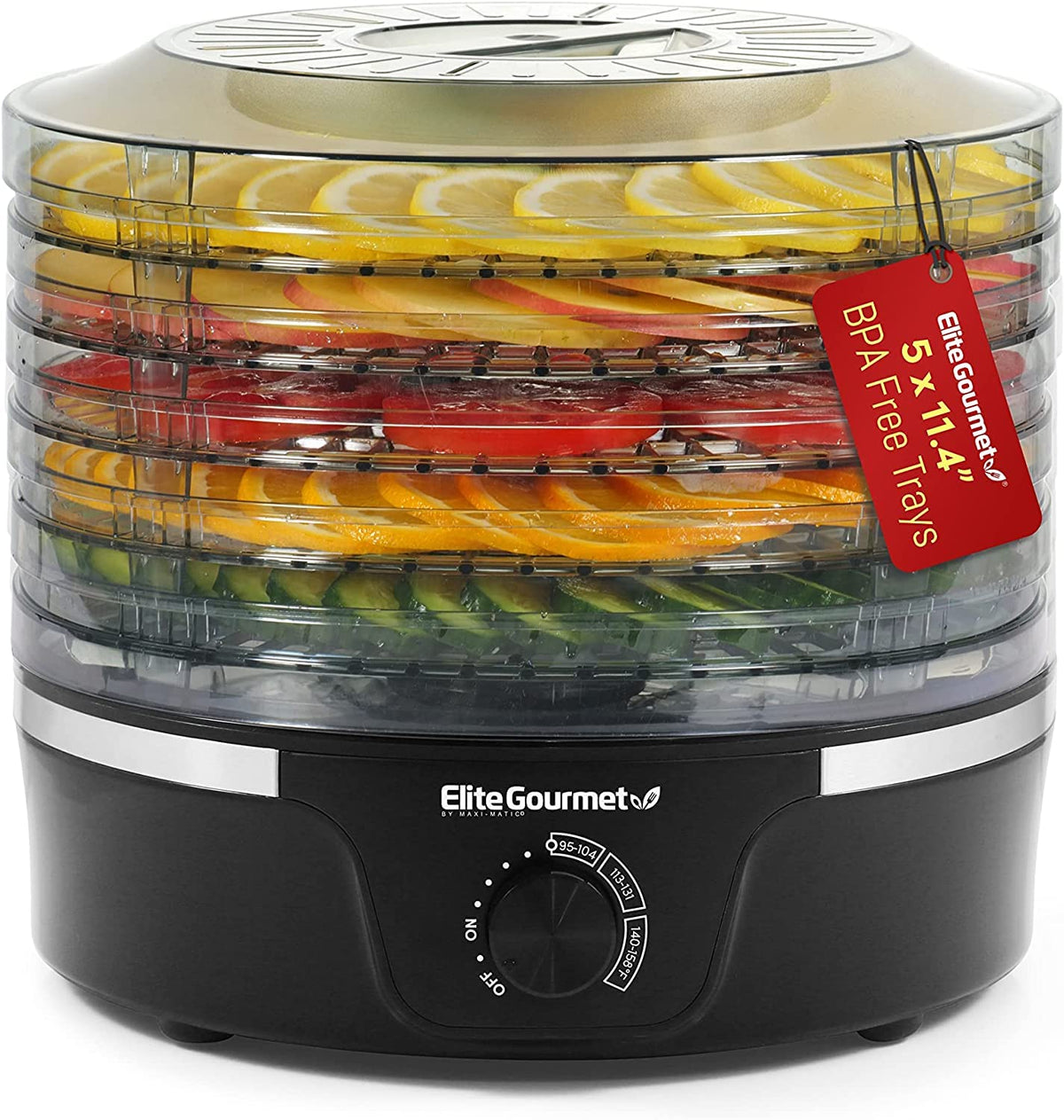 Elite Gourmet Efd319 Food Dehydrator, 5 Bpa-Free 11.4'' Trays Adjustable Temperature Controls, Jerky, Herbs, Fruit, Veggies, Dri
