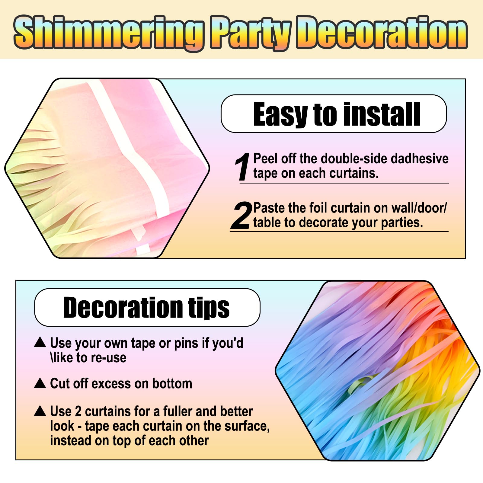 3 Pack Light Raainbow Foil Fringe Curtain Backdrop, 3.28Ft X 9.8Ft Metallic Tinsel Foil Fringe Streamer Curtains For Photo Booth