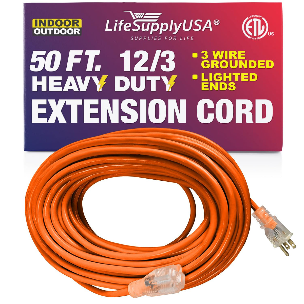 50 Ft Power Extension Cord Outdoor & Indoor Heavy Duty 12 Gauge/3 Prong Sjtw (Orange) Lighted End Extra Durability 15 Amp 125 Vo