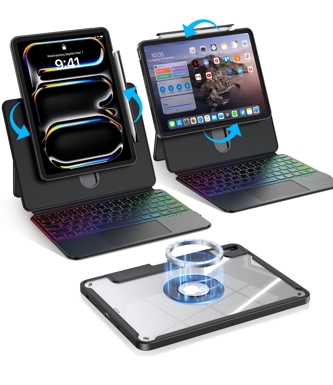 BLOSOMEET Magnetic iPad Pro 11 Inch (M5 2025 / M4 2024) Case with Keyboard, Clear Splitfolio Detachable Cover, Up-Down Liftable,