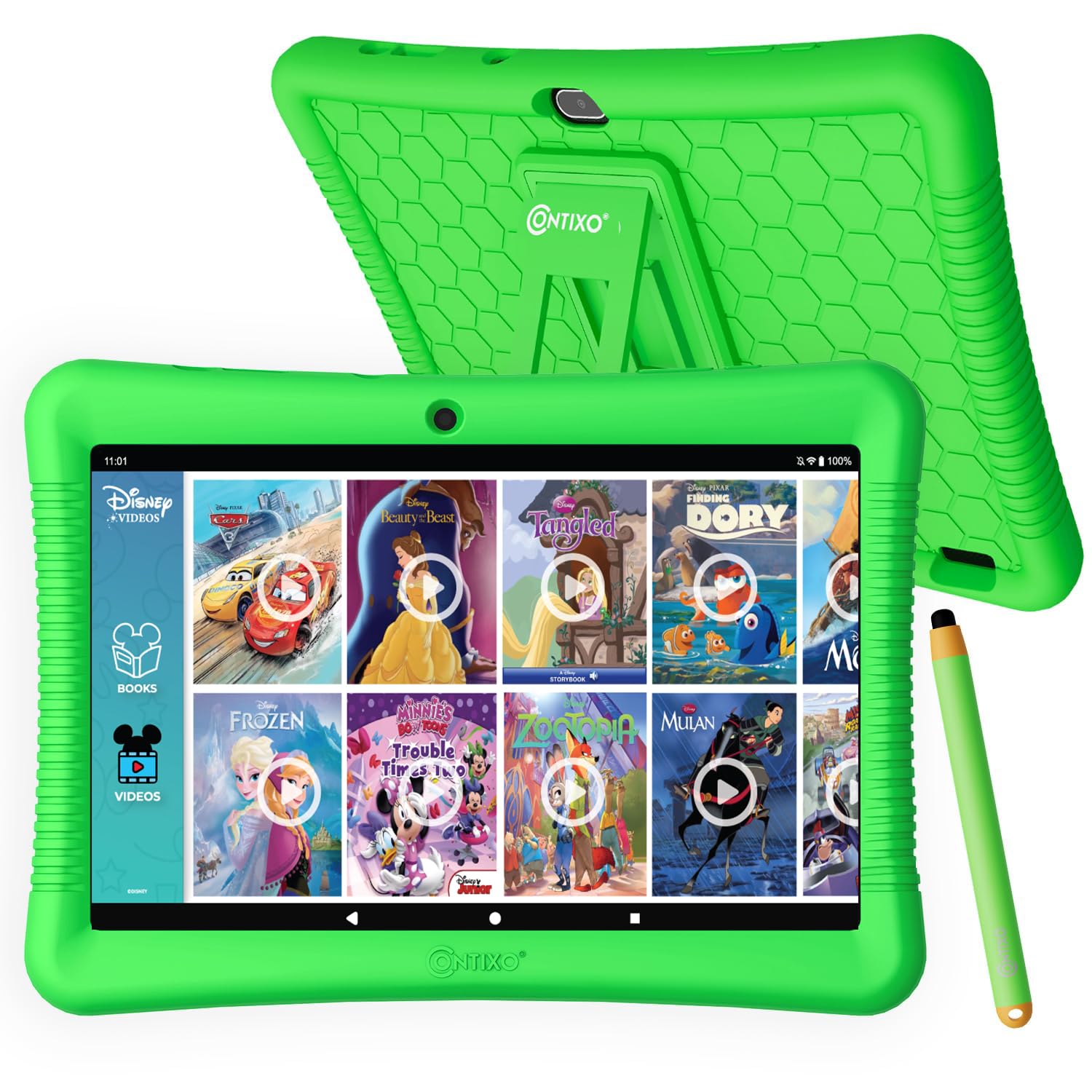 Contixo Kids Tablet K102 10 Inch Hd, Ages 3 7 Toddler Tablet, Parental Control, Android 10, 64Gb, Wifi, Learning Tablet For Children With Disney E Book Pre Installed, Kid Proof Case, Green