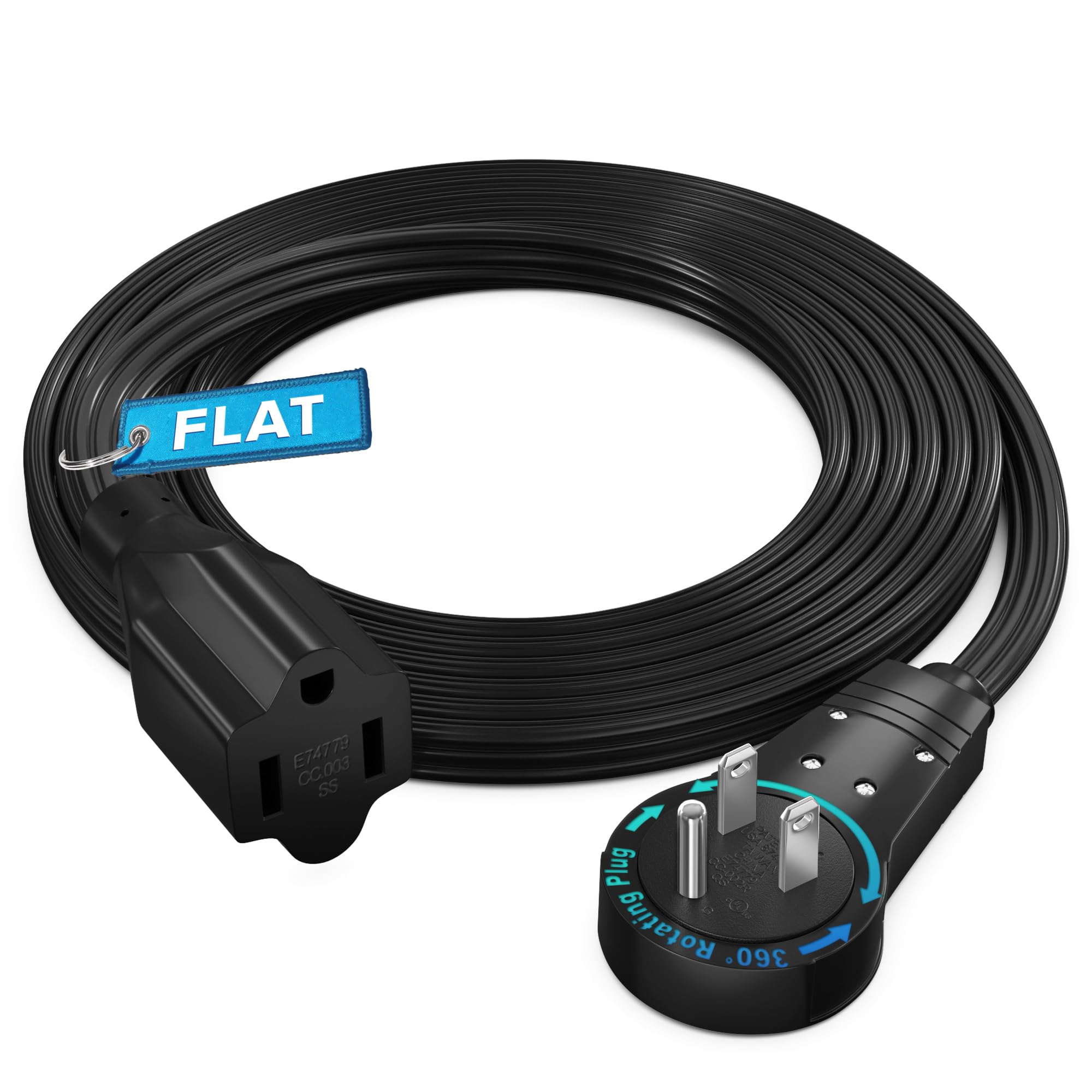 Maximm 360? Rotating Flat Plug Extension Cord 5 Feet Flat Extension Cord Under Carpet With Slim Space Saving Plug Design, Low Pr
