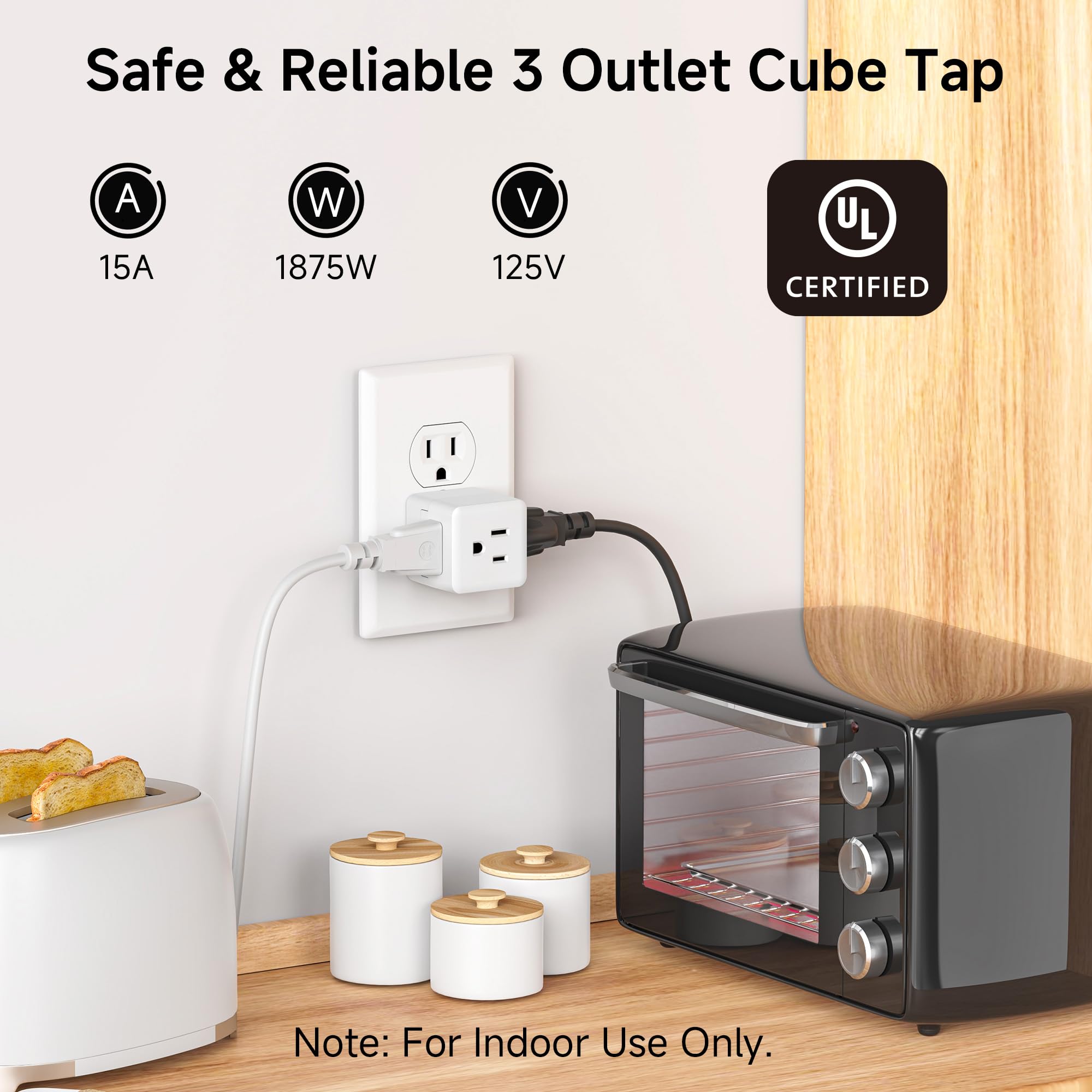 [Ul Listed] Cable Matters 3 Pack 3 Outlet Wall Adapter, (3 Outlet Power Cube Tap, Outlet Splitter/Extender, 3 Way Plug Adapter),