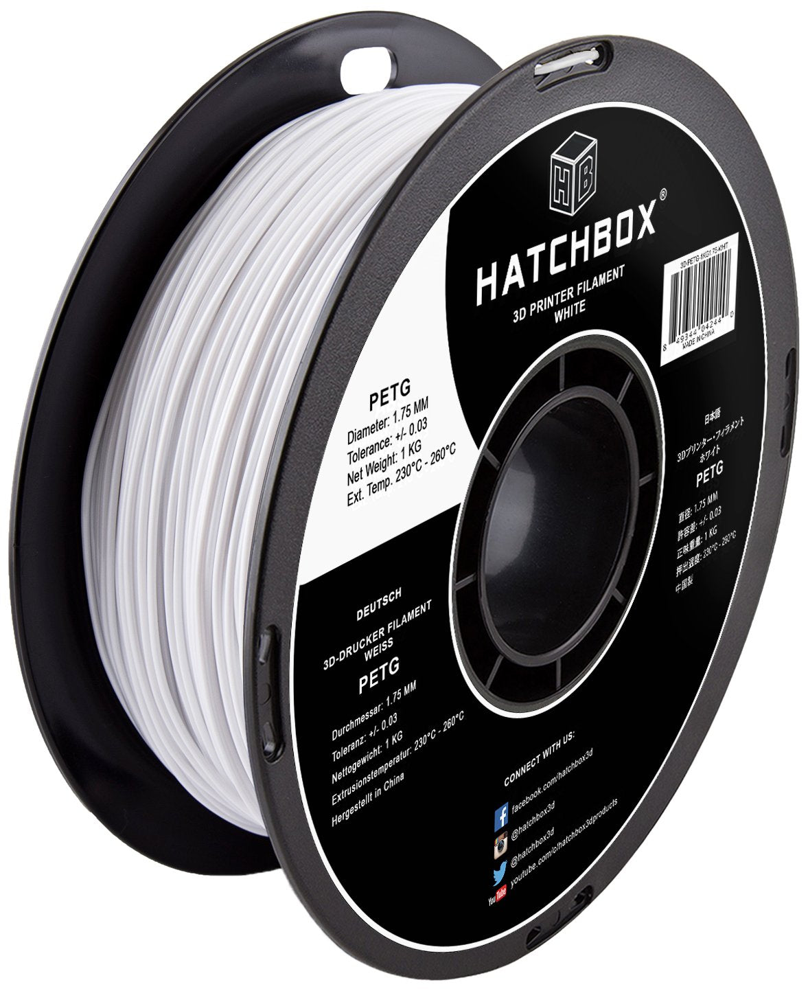 Hatchbox Petg 3D Printer Filament, Dimensional Accuracy +  003 Mm, 1 Kg Spool, 175 Mm, White