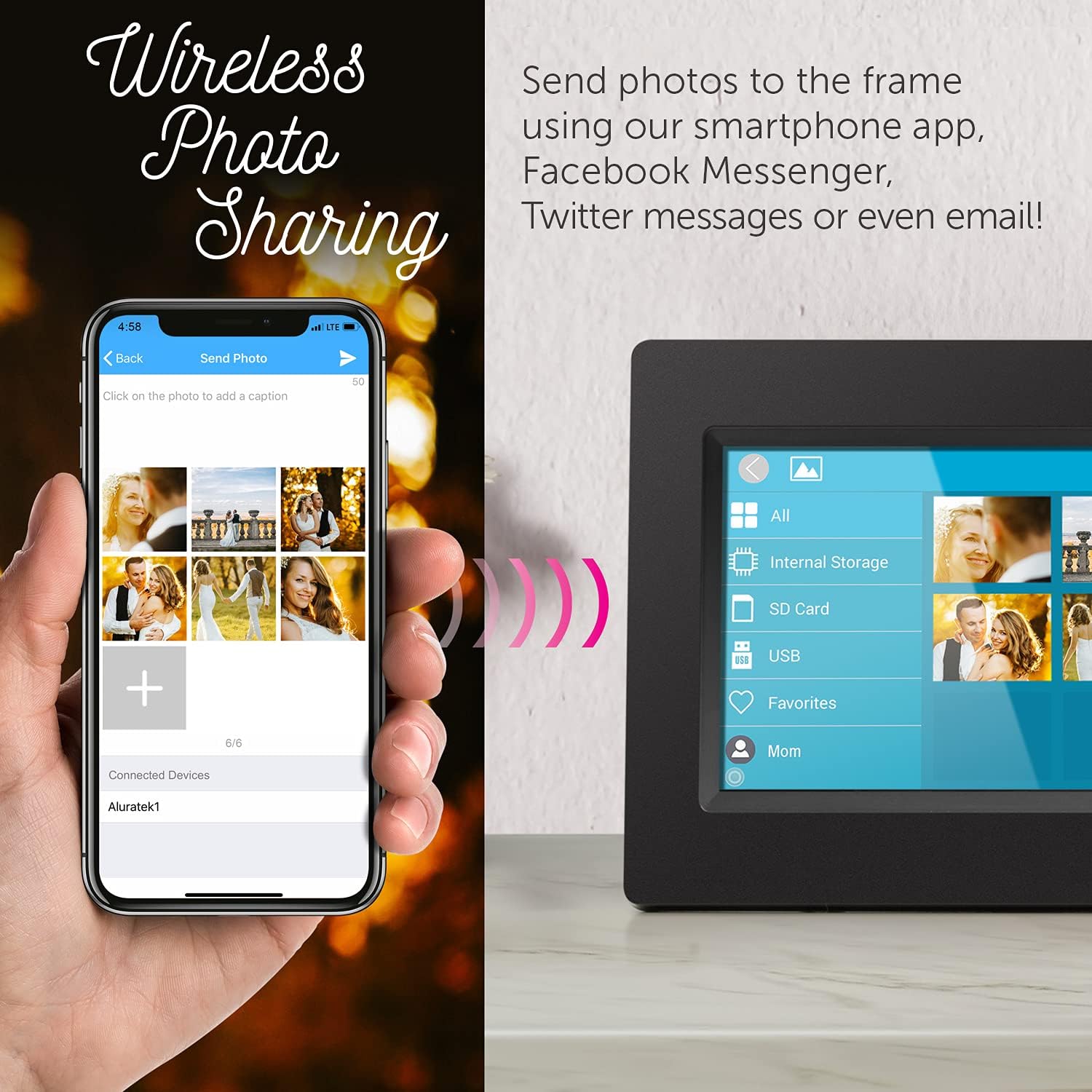 Aluratek 7'' Lcd Wifi Digital Photo Frame With Touchscreen And 8Gb Built In Memory, Usb/Sd/Sdhc Supported, Built In Clock, Calen