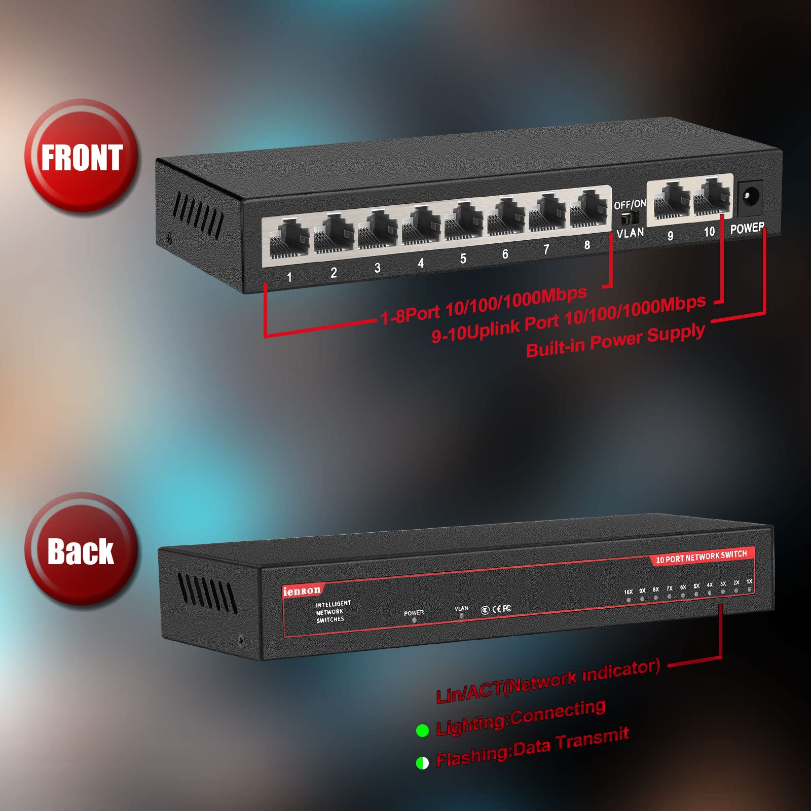 Ienron 10 Ports Gigabit Ethernet Switch Unmanaged, 8 Gigabit Ports+2 Gigabit Uplink Port, Network Switch,Ethernet Splitter| Plug