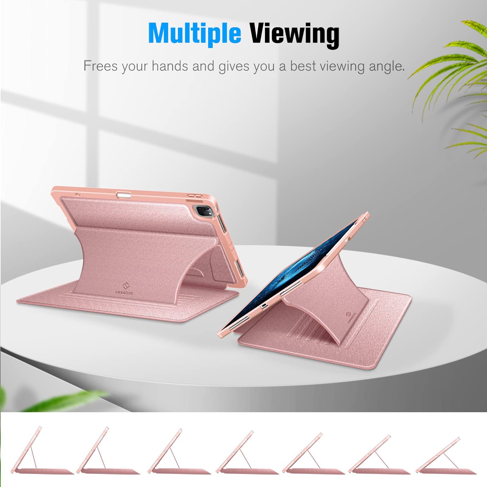 Casebot Magnetic Case For Ipad Pro 12.9 Inch 6Th Generation 2022, Multiple Angle Shockproof Rugged Stand Case, Soft Tpu Back Cover W/Pencil Holder, Also Fit Ipad Pro 12.9' 5Th/4Th/3Rd Gen, Rose Gold