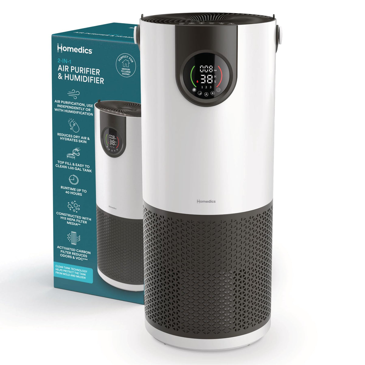 Homedics 2 In 1 Cool Mist Humidifier & Air Purifier   Humidifies & Purifies Air, Digital Air Quality Sensor, Auto Mode, Stylish