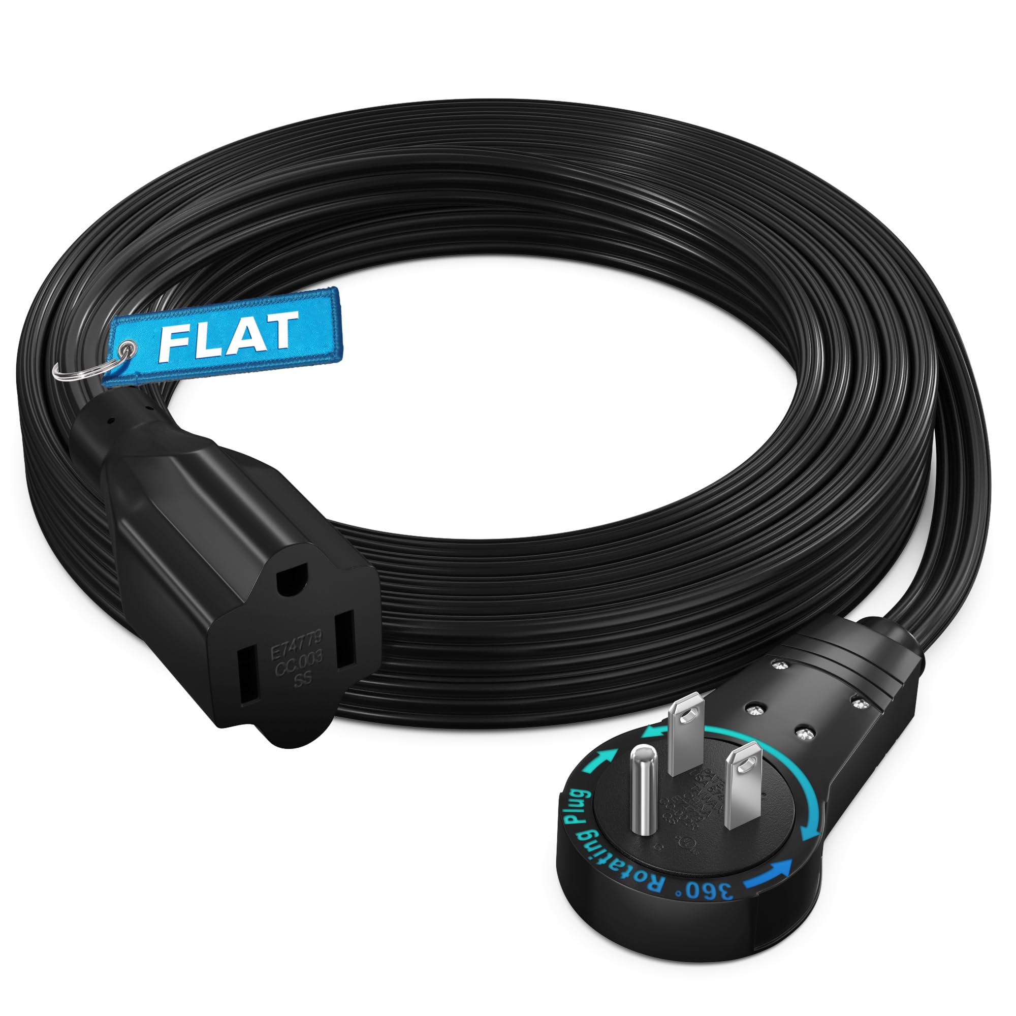 Maximm 360? Rotating Flat Plug Extension Cord 10 Feet Flat Extension Cord Under Carpet With Slim Space Saving Plug Design, Low P
