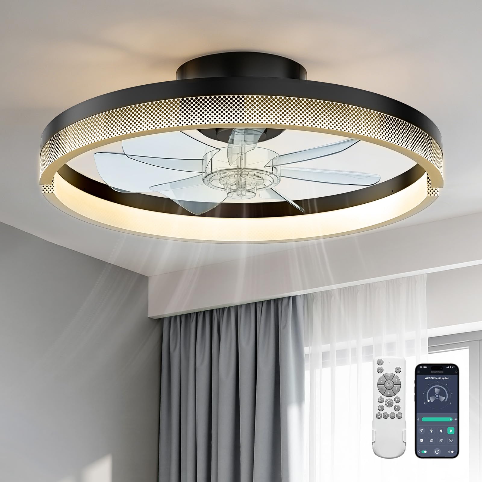 AKOFUN 18 Ceiling Fans with Lights and Remote, Low Profile Flush Mount Ceiling Fan with Light, 3000-6500K Dimmable LED Fan Light