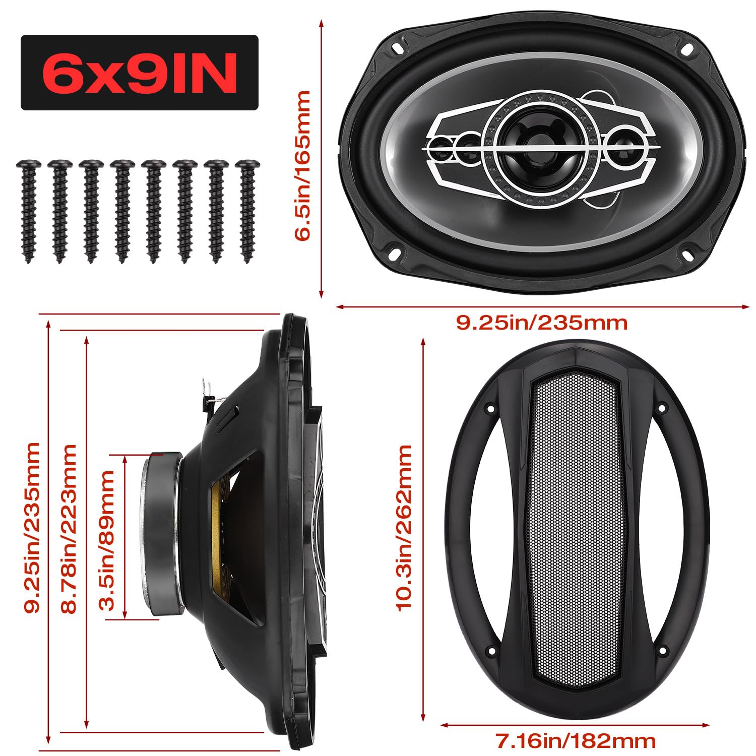 Suacopzar 6 X 9 5 Way Car Coaxial Audio Speakers (Pair), 1000W Peak 4 Ohm Vehicle Coaxial Speaker W/Pei Dome Tweeters, Universal