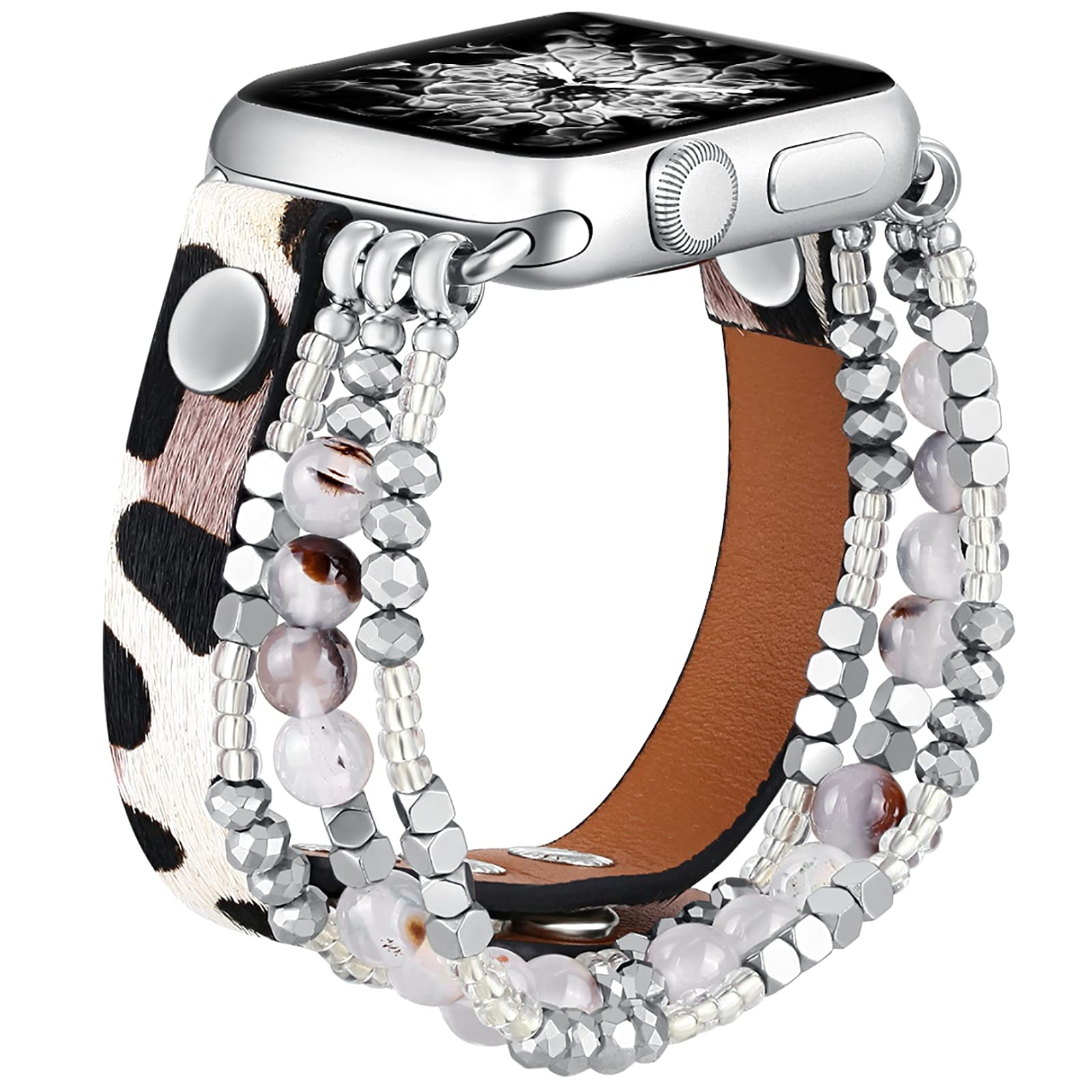 Fastgo Leather Leopard Band Compatible With Apple Watch 44Mm 42Mm 45Mm 49Mm Women Girls, Furry Leopard Elastic Cheetah Beaded Br