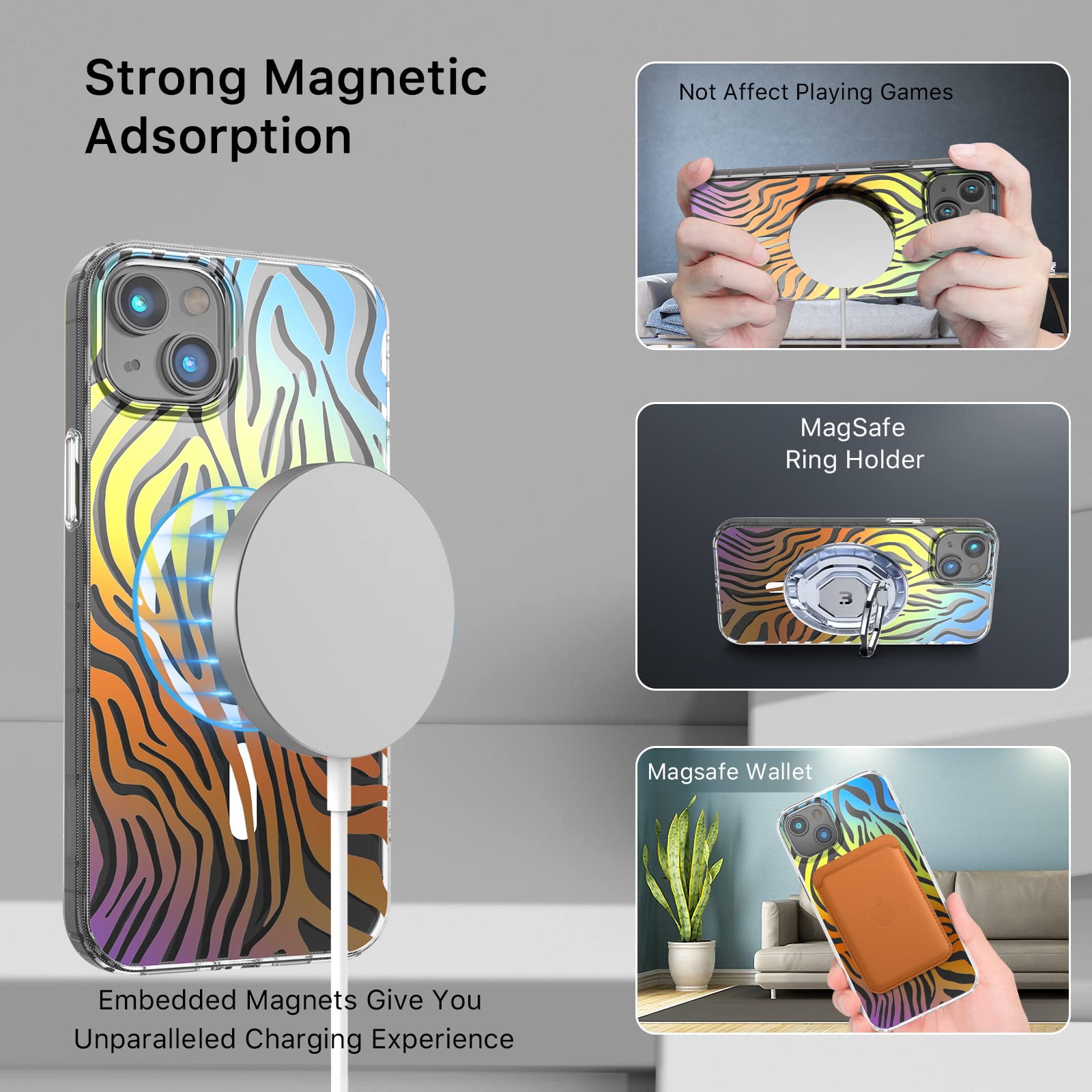M MYBAT PRO Magnetic Clear Phone Case for iPhone 14 Plus 6.7 inch MagSafe Compatible TPU Shockproof Zebra