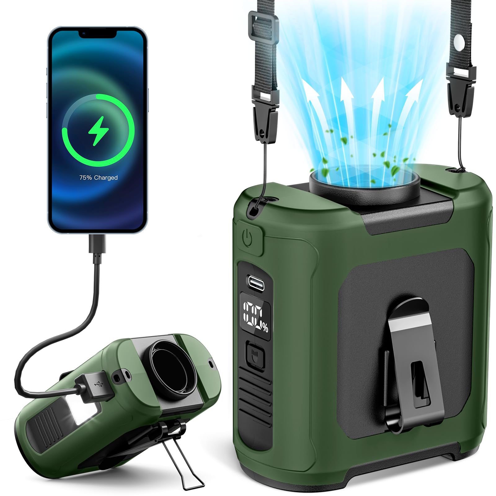 2025 AI Portable Waist Fan, 5 Speeds 16000 RPM Powerful & 40H Runtime Clip-On Wearable Shirt Belt Fan with Light, 10000mAh Recha