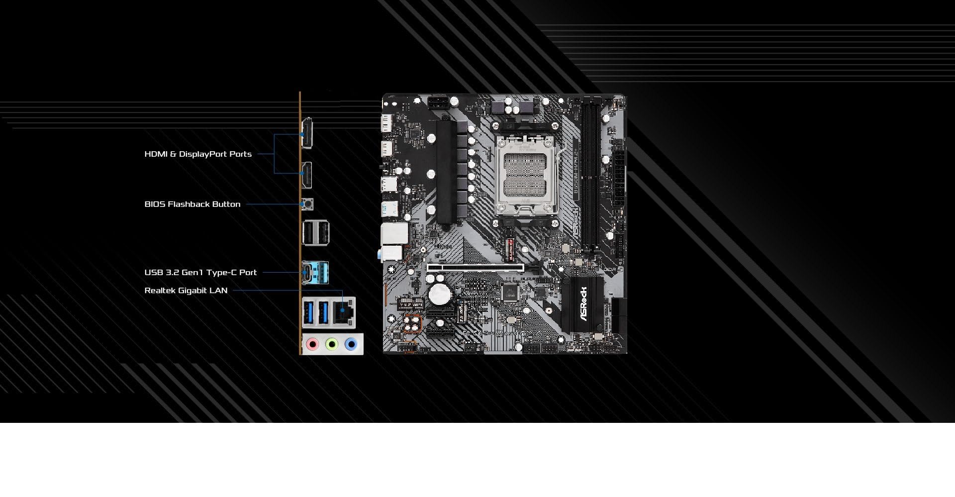 Asrock B650M-H/M.2+ Motherboard Ddr5 Dimms 6 Usb Hdmi Displayport Micro Atx 96 Gb 6400 Mhz Socket Am5 Sata3 6.0 Gb/S Rdna 2 Grap