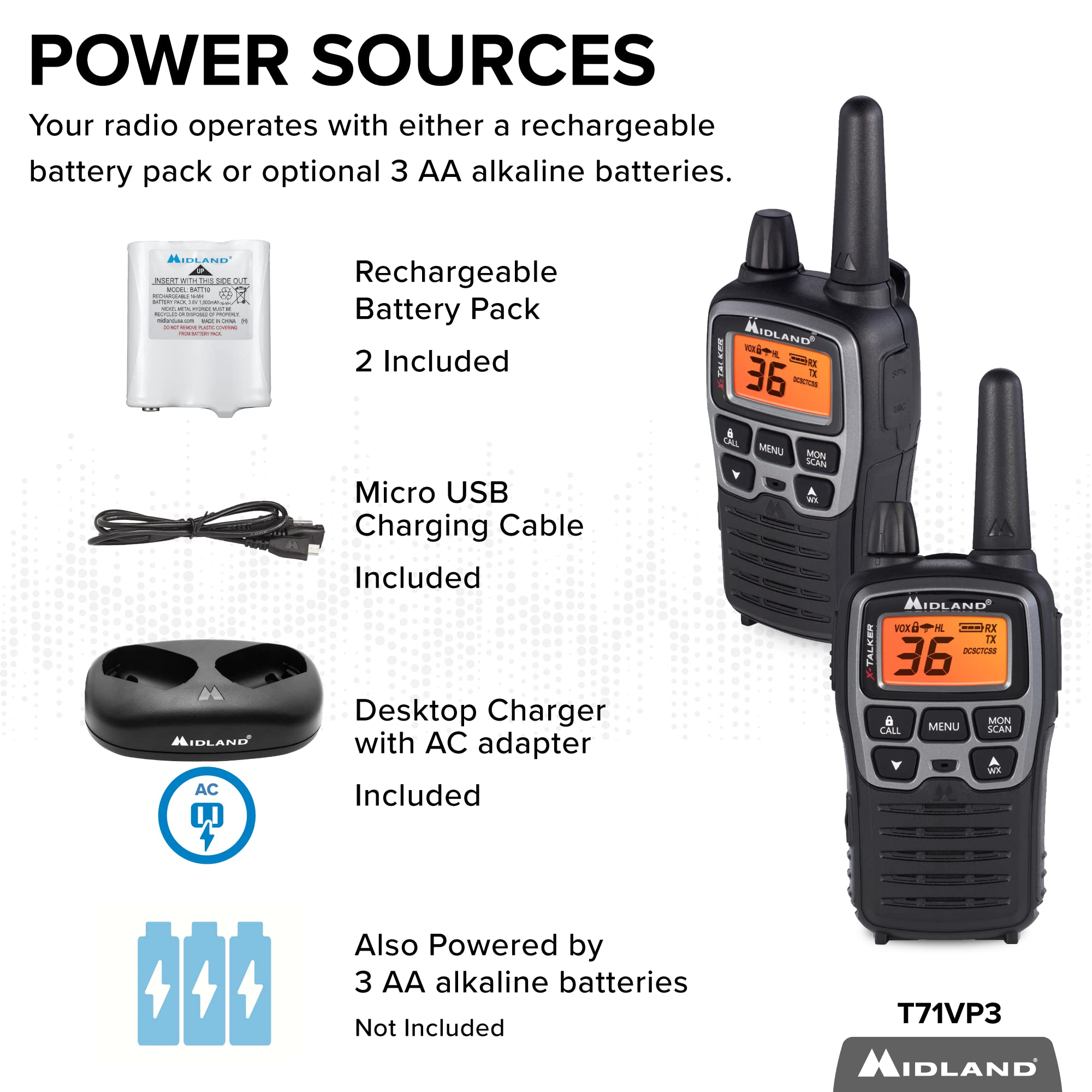 Midland� T71Vp3 X Talker Long Range Walkie Talkie   Frs Two Way Radio For Camping Overlanding Rock Crawling   Noaa Weather Scan   36 Channels And 121 Privacy Codes Black/Silver 2 Pack