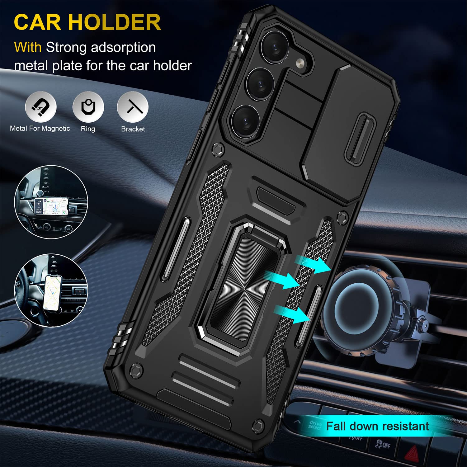 SEFING Samsung Galaxy S23 Plus Phone Case Slide Camera Cover 360° Kickstand Magnetic Car Mount Military Grade TPU Black