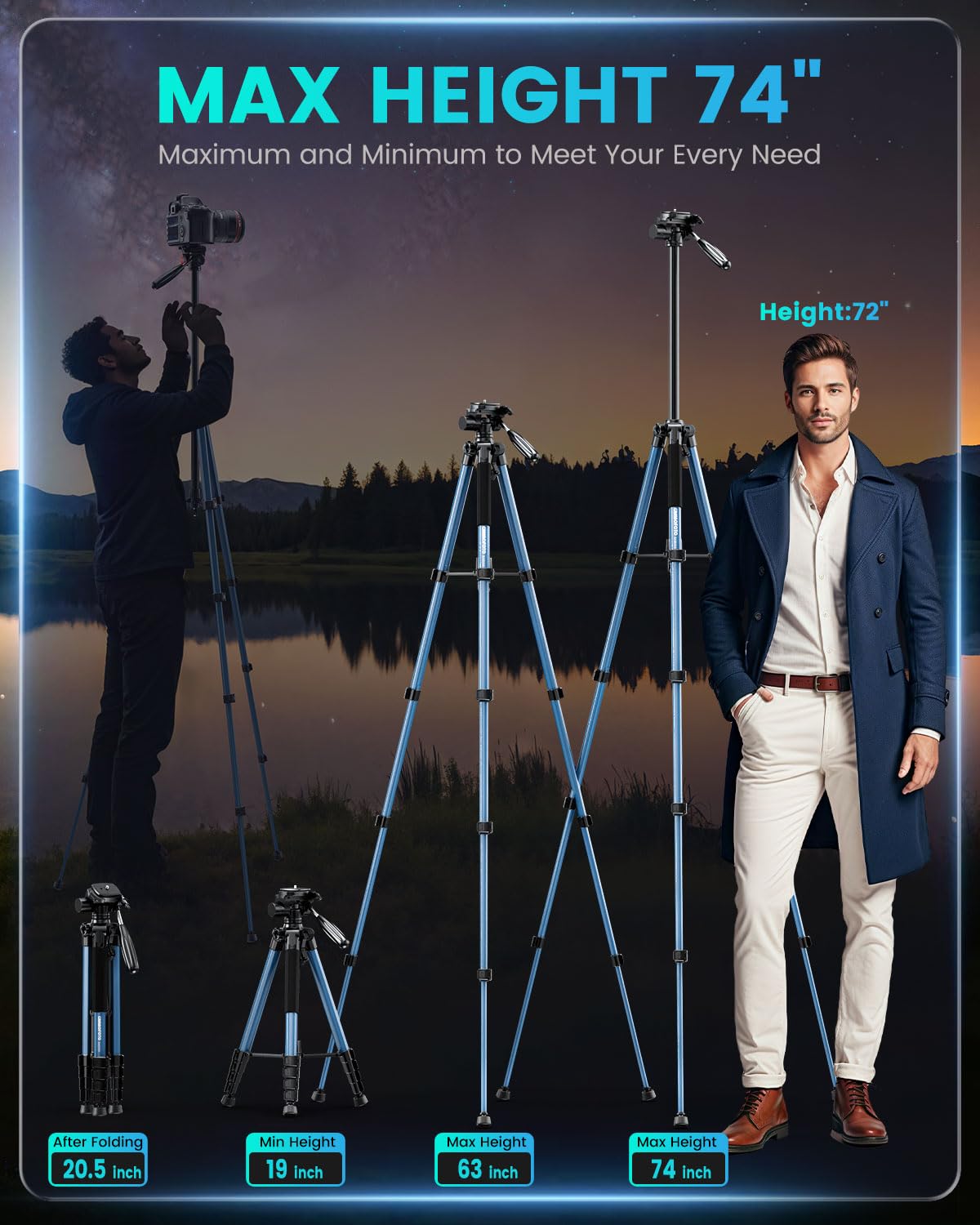 Cambofoto 74'' Camera Tripod, Navy Blue Porfessional Aluminum Heavy Duty Tripod Stand For Mirrorless Camera/Dslr/Cell Phone/Camc