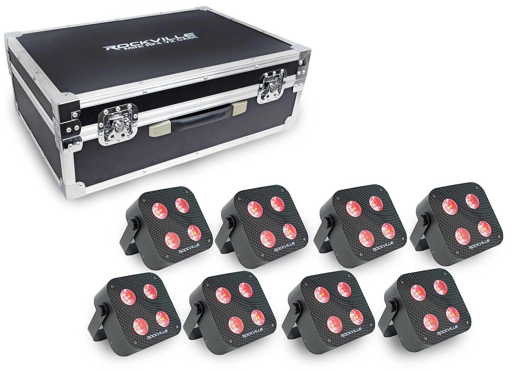 Rockville 8 Pack MINI RF4 V2 Black LED Par Wash Up Lights with Charging Case, RGBWA+UV, App, Wireless DMX, Rechargeable, Perfect