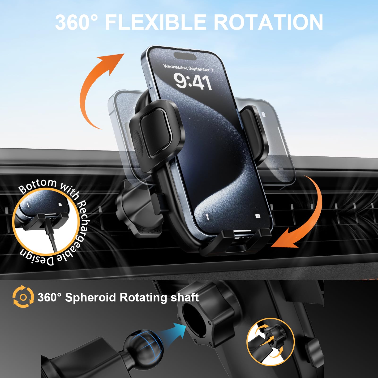 Phone Holders For Your Car With Newest Metal Hook Clip, Air Vent Cell Phone Car Mount 360 Rotation Car Phone Holder Universal Au