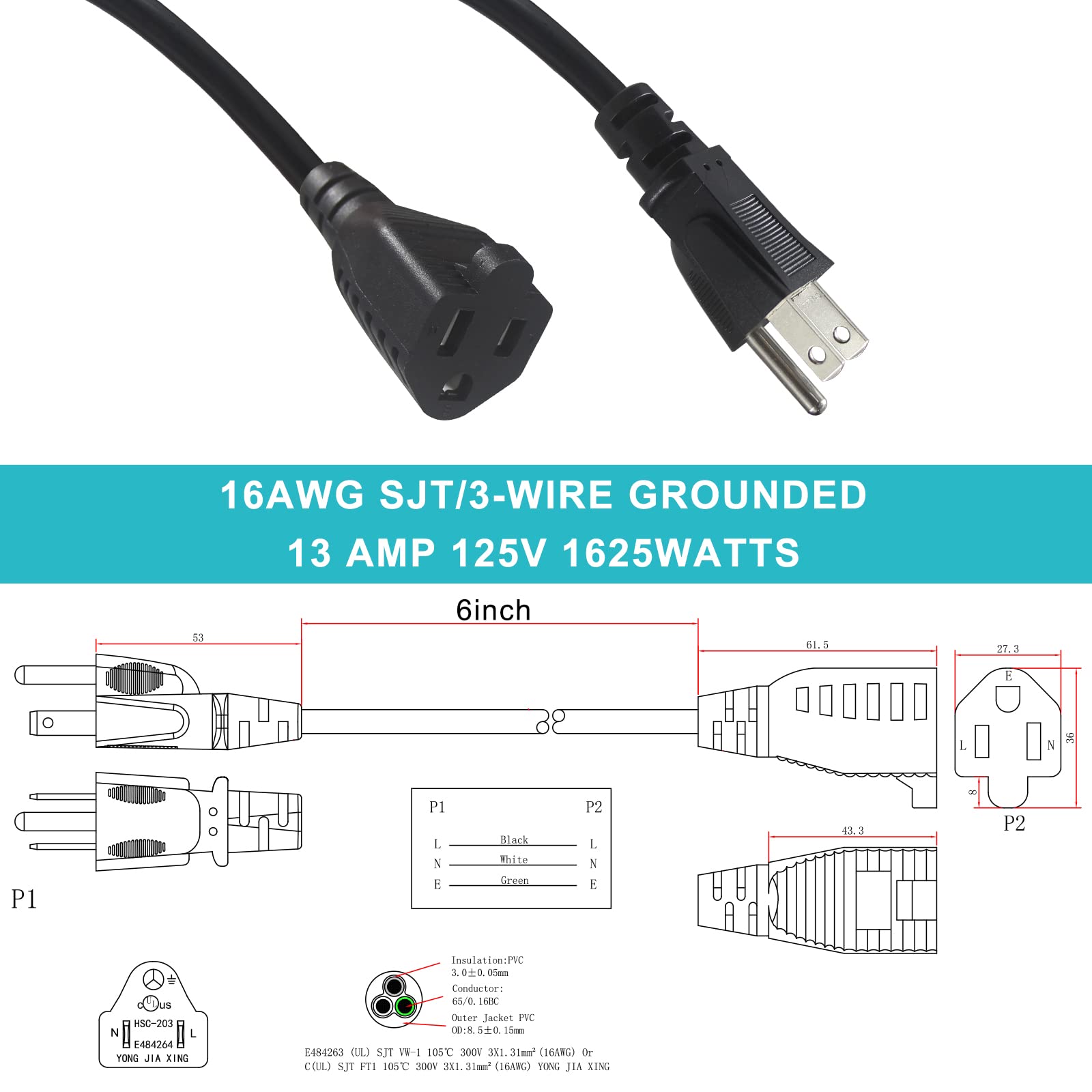 [2 Pack] Short Power Extension Cord 6Inch   Black 3 Prong Mini Indoor Grounded Extension Cord,16Awg Small Electrical Ac Extensio