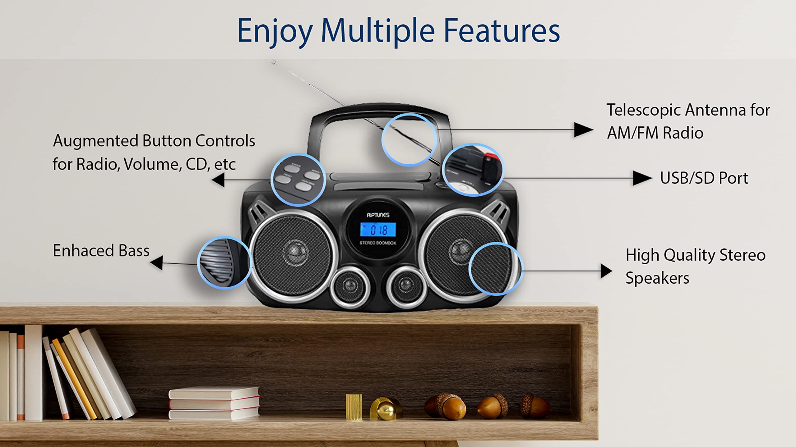 Riptunes Portable Cd Player Bluetooth Stereo Sound System Digital Am Fm Radio, Mp3 Cd Boombox Usb Sd Palyback With Enhanced Bass