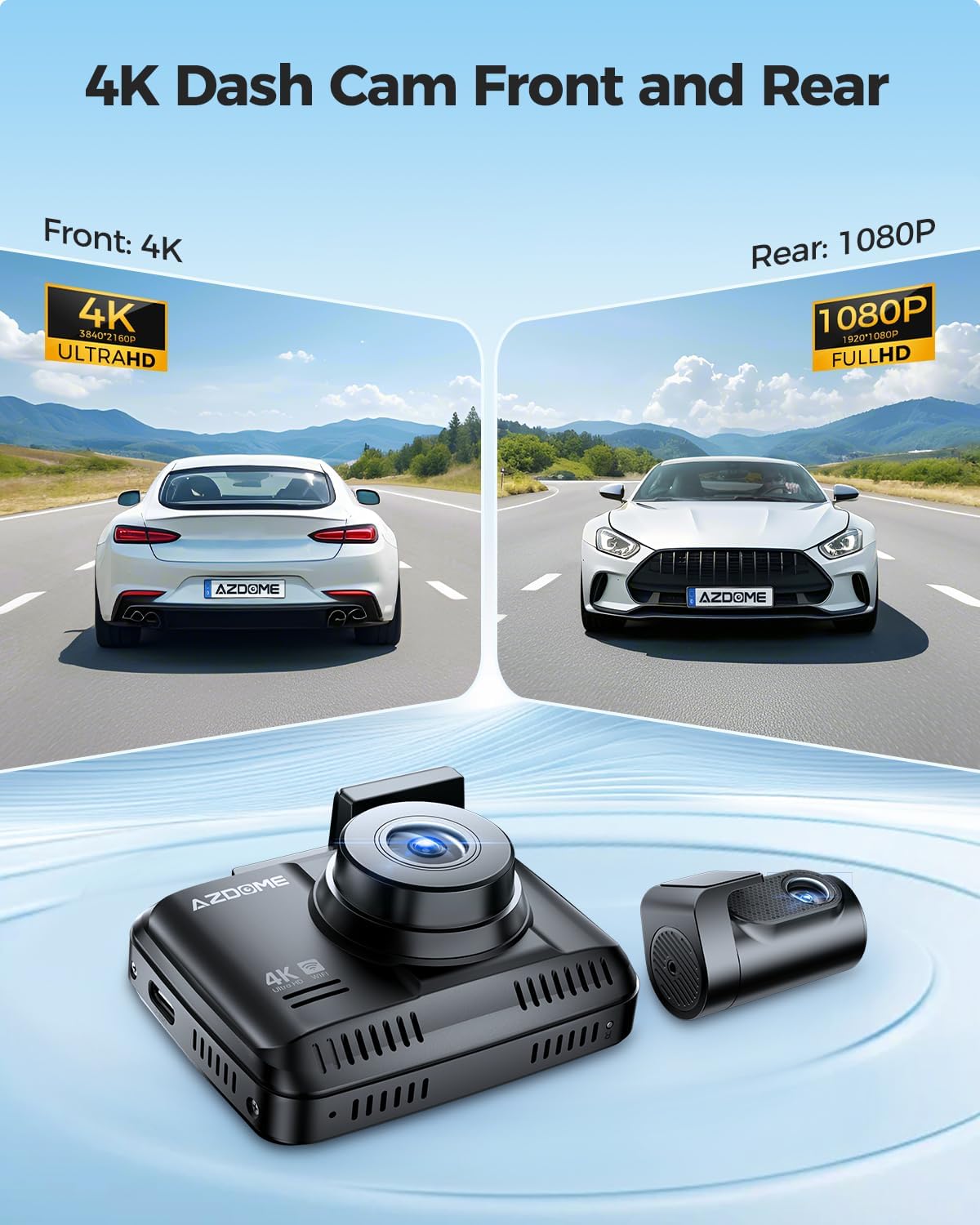 Azdome 4K Dash Cam Front And Rear, 2160P Car Camera For Car, 64Gb Card Included, Wifi Dash Cam With Gps And Speed, 2.4'' Screen