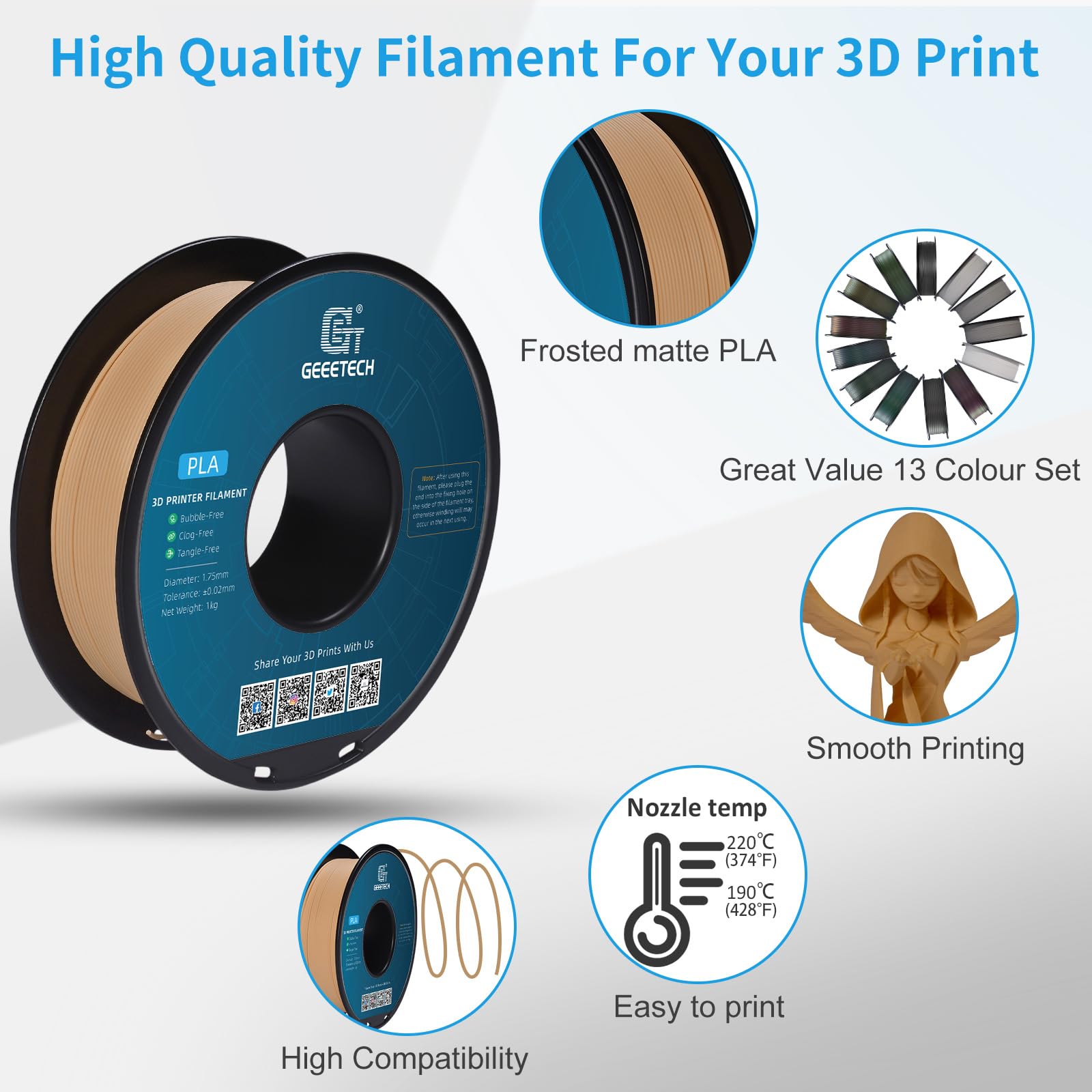 Geeetech Matte Pla Filament 1.75Mm, Skin Color Pla Matte 3D Printer Filament 1Kg Spool (2.2Lbs), Dimensional Accuracy +/- 0.02 M