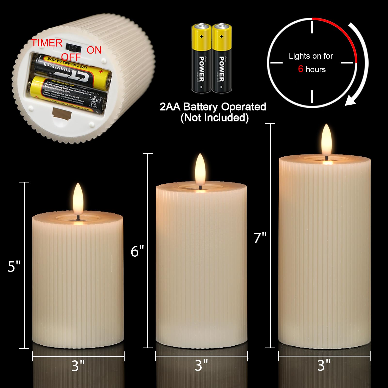 Lasumora Real Wax Flameless Candles With 6Hrs Timer, Battery Led Pillar Candles Flickering 3D Wick Pack Of 3 Striped Candles, Pa