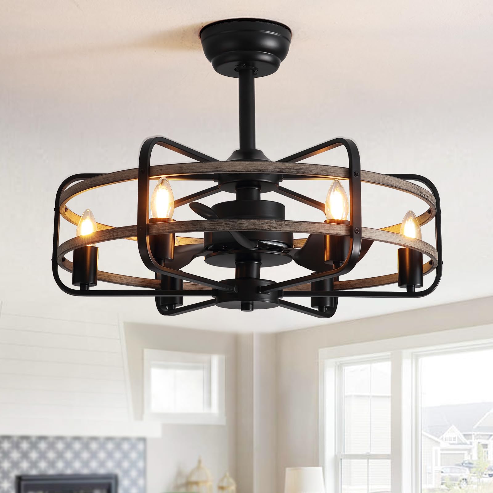 NOXARTE Cage Ceiling Fan with Light, Vintage Fandelier Remote Control, Bladess Industrial Chandelier Ceiling Fan Reverse Motor f