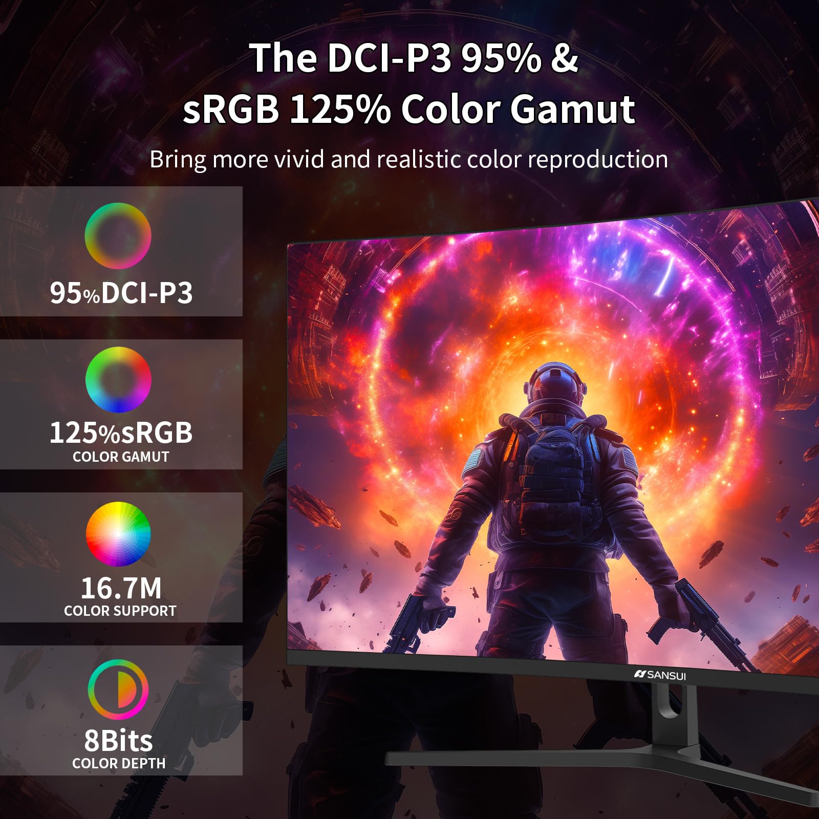 Sansui 32 Inch Curved Gaming Monitor Wqhd 2560 X 1440 165Hz Curved 1500R  1Ms(Od), Hdr, 300Nits, Srgb 125%, Dci P3 95%, Freesync