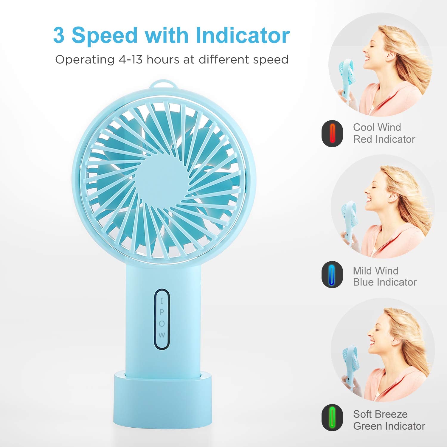Ipow Mini Handheld Fan Personal Portable Fan 3 Speed Adjustable Angle Removable Base Lanyard Usb Recharging Battery Operated Sma