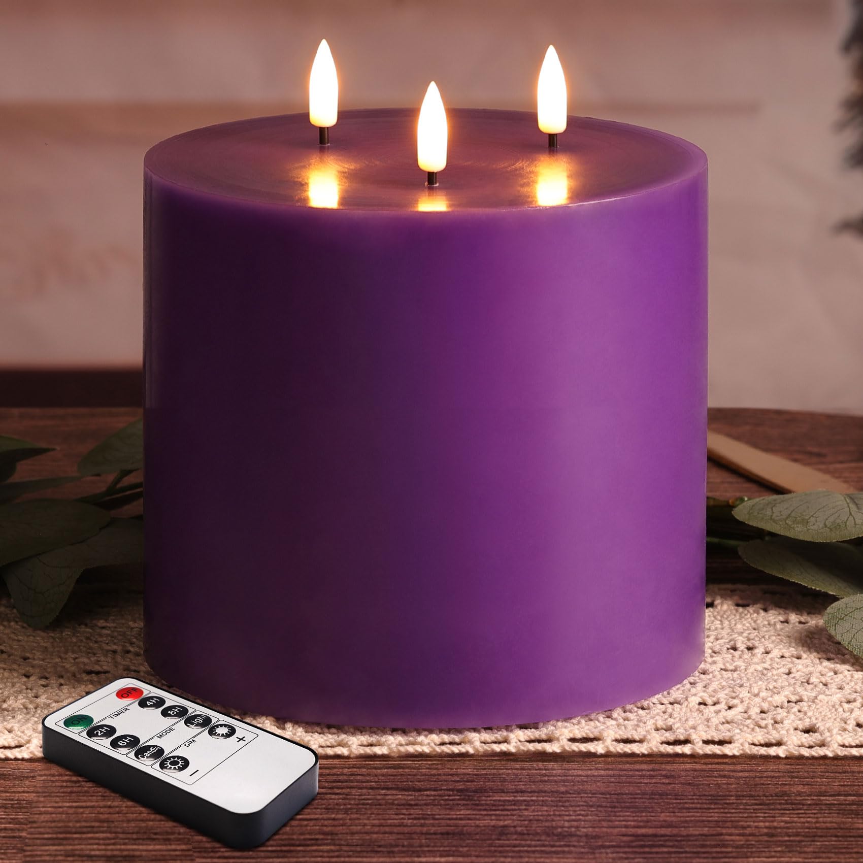 Girimax 3 Wick Purple Flickering Flameless Pillar Candle with Remote, 6x6 inch Large LED Candle Battery Powered Real Wax Coating