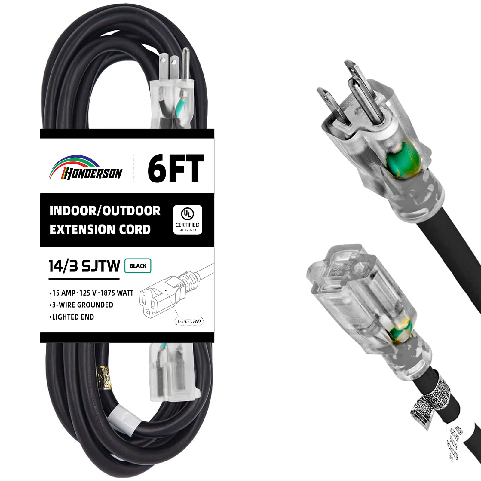 Honderson Indoor Outdoor Extension Cord Weatherproof With Lighted End, Ul Listed, 14 Gauge 6Ft Black 3 Prong Heavy Duty Extensio