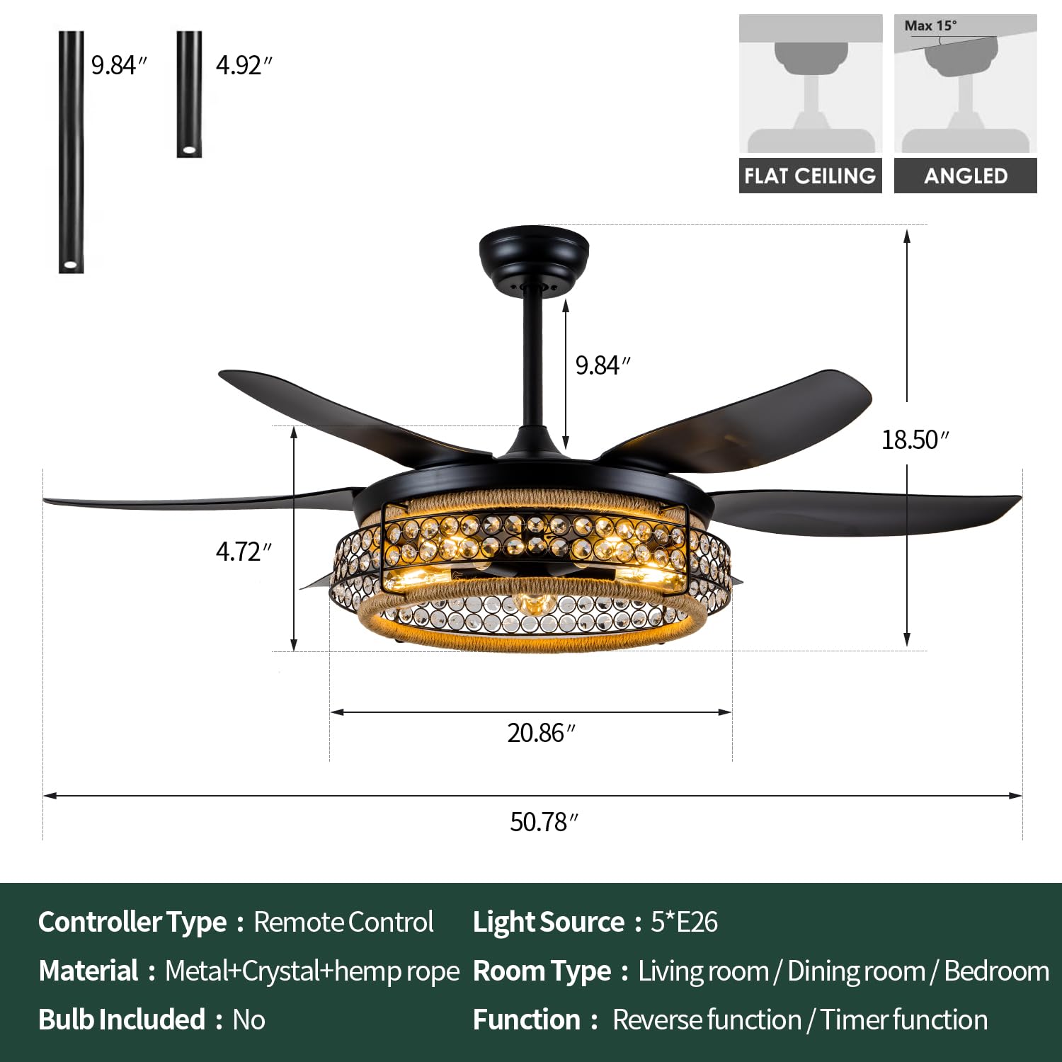 Oiotwo 51 Inch Ceiling Fan With Light Remote Control, Farmhouse Style Lampshade With K9 Crystal Attached, 6 Speed Reversible, Su