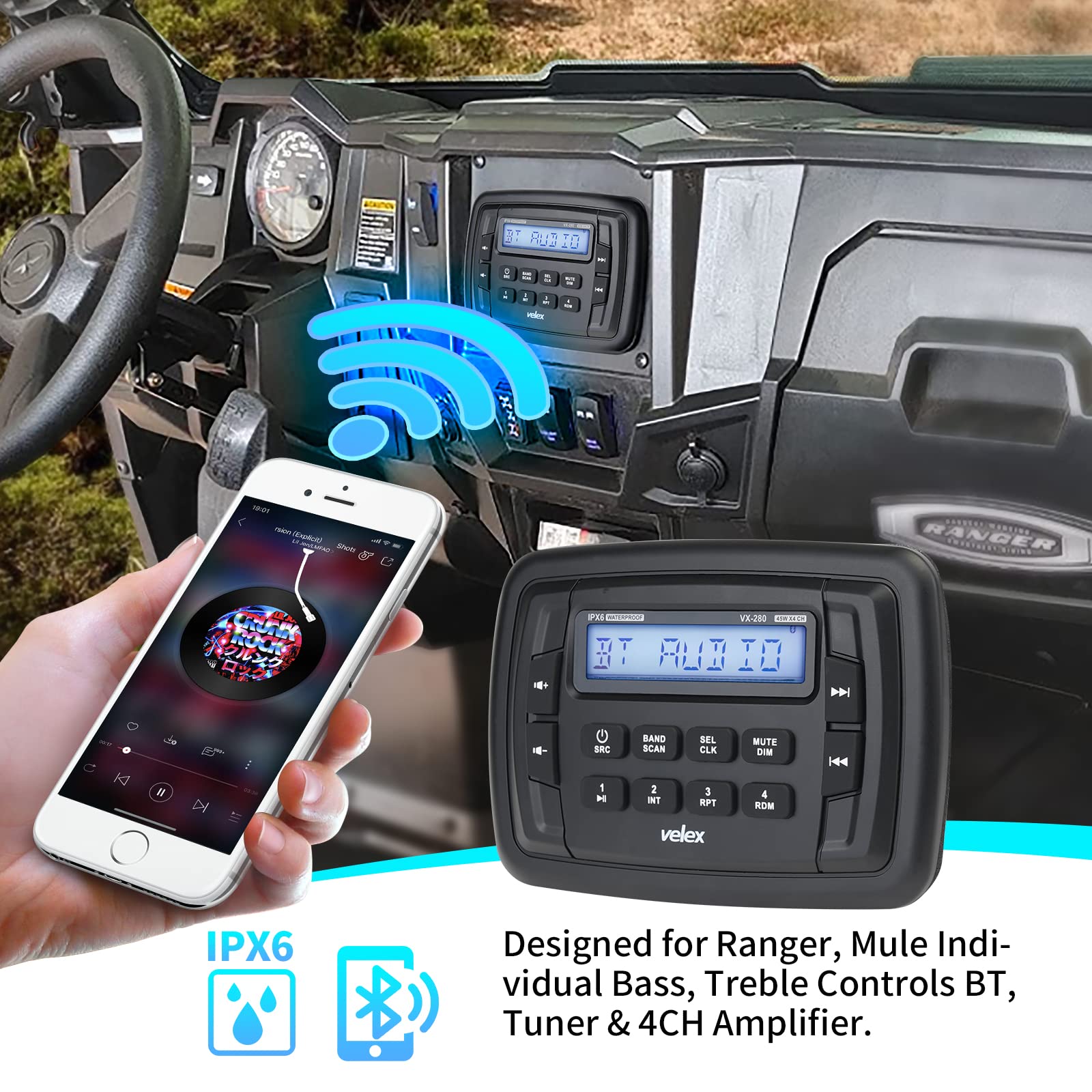 Velex Powersport Marine Stereo Radio Am Fm Tuner Stereo 4 X 45W Bluetooth Streaming Utv Atv