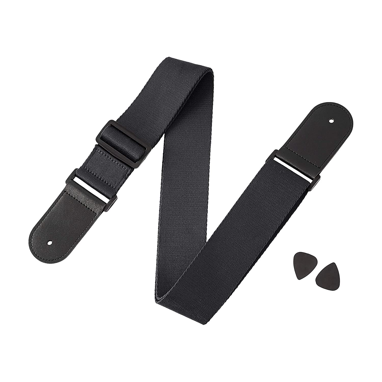 CL THE MUSICALS Adjustable Guitar Strap for Acoustic & Electric Guitars with PU Leather Ends + 2 Picks (Black)