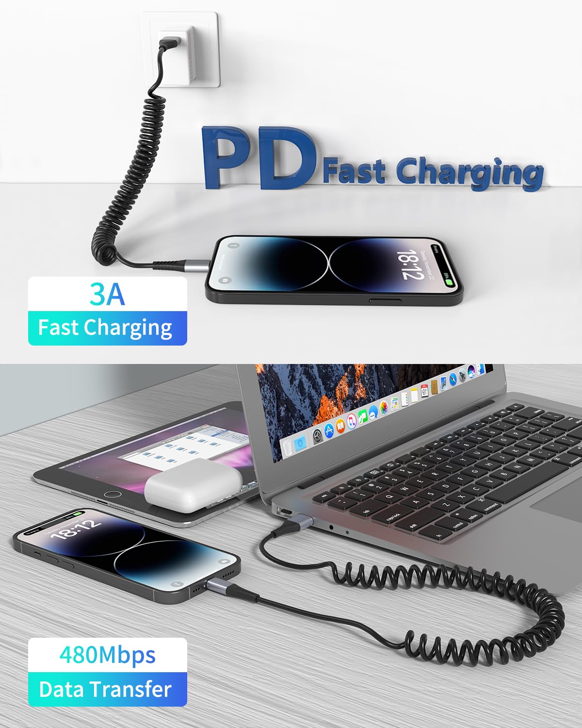 Coiled Usb C To Lightning Cable, 2Pack Retractable Usb C Iphone Charger Cord For Car Short Coiled Usb Tpye C To Lightning Cable