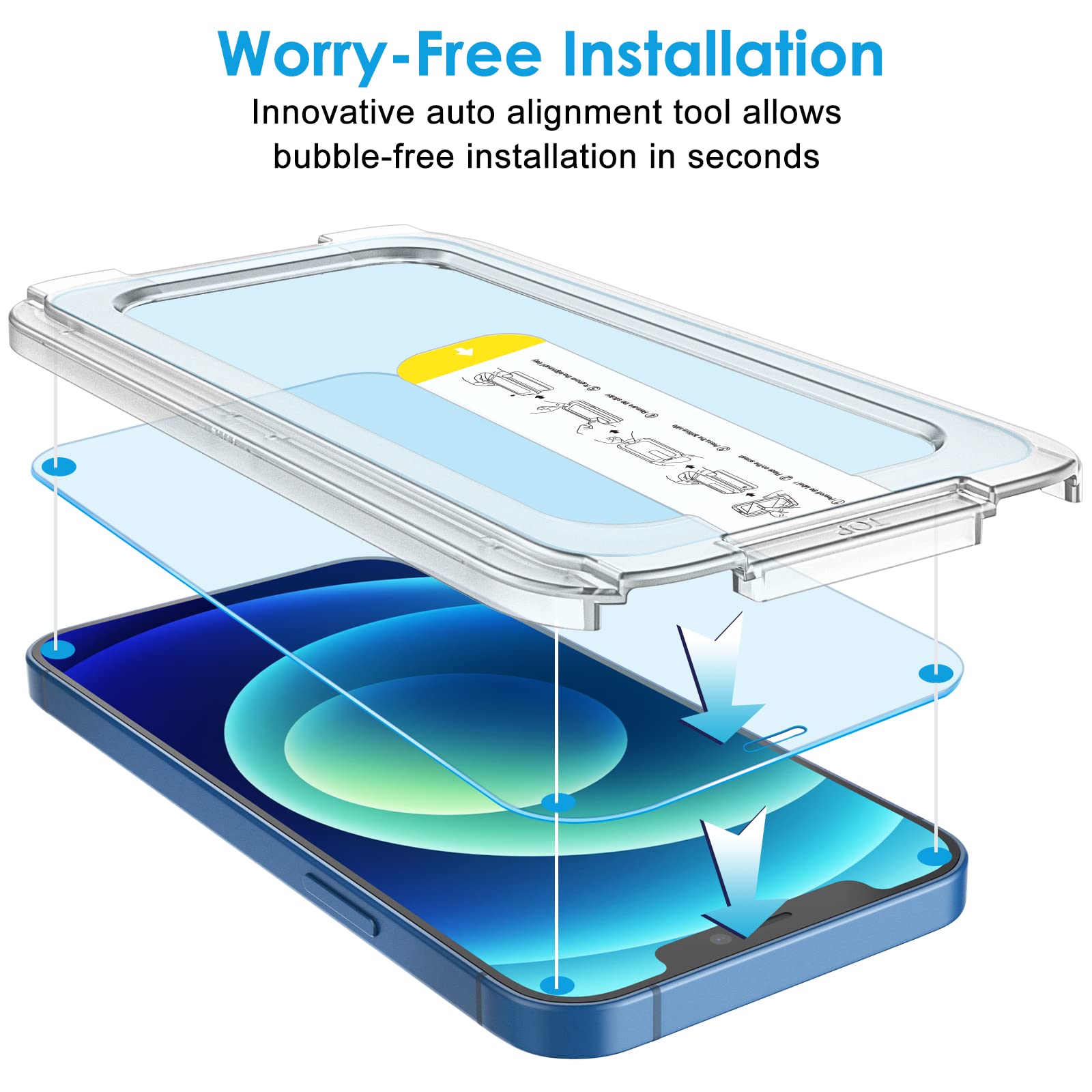 Jetech One Touch Install Screen Protector For Iphone 12/12 Pro 6.1-Inch, Full Coverage Tempered Glass Film, Auto Alignment Tool