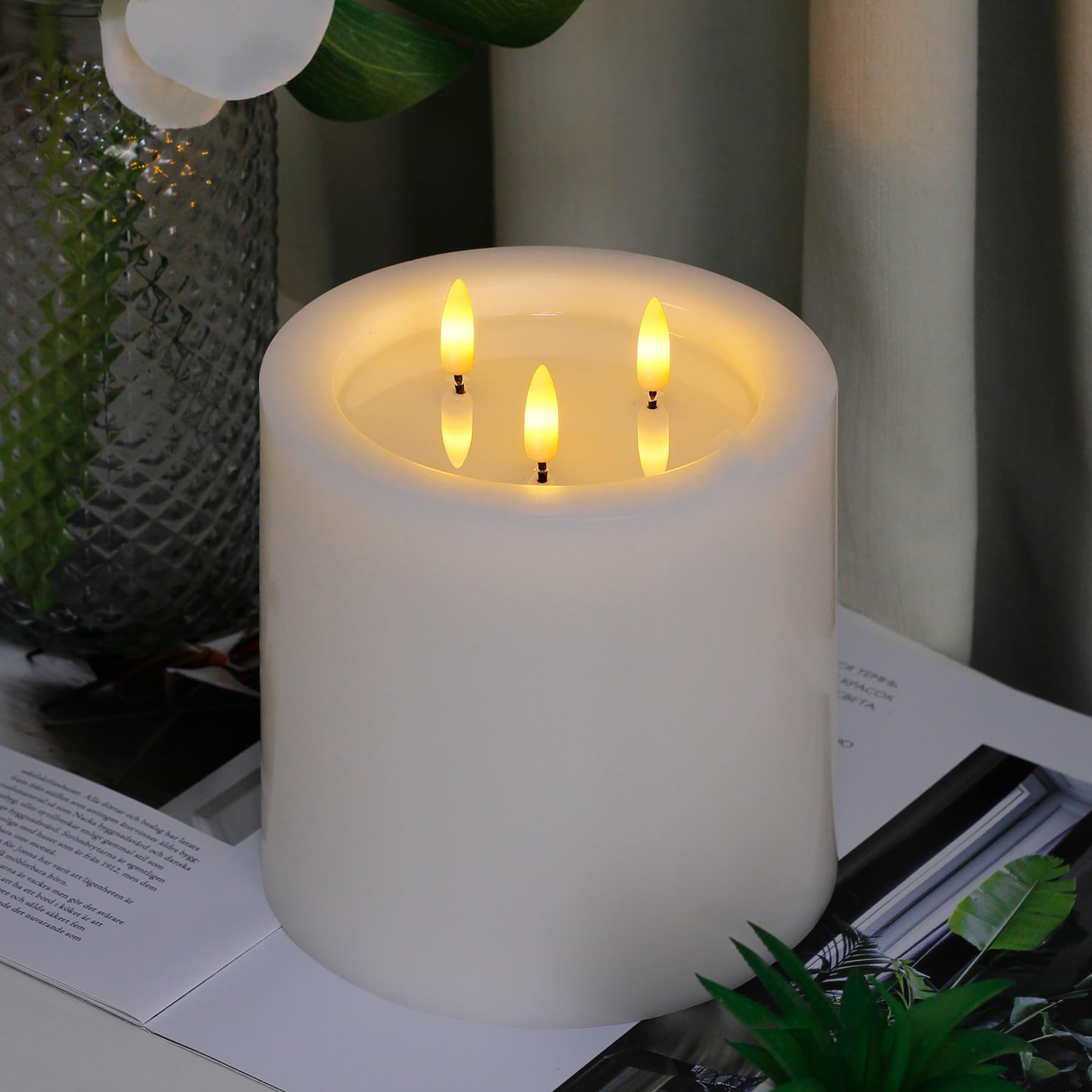 Yeelida 3 Wick 6   X6    Large Flameless Pillar Candles With Remote Control And Timer Function,White Battery Operated Led Flicke