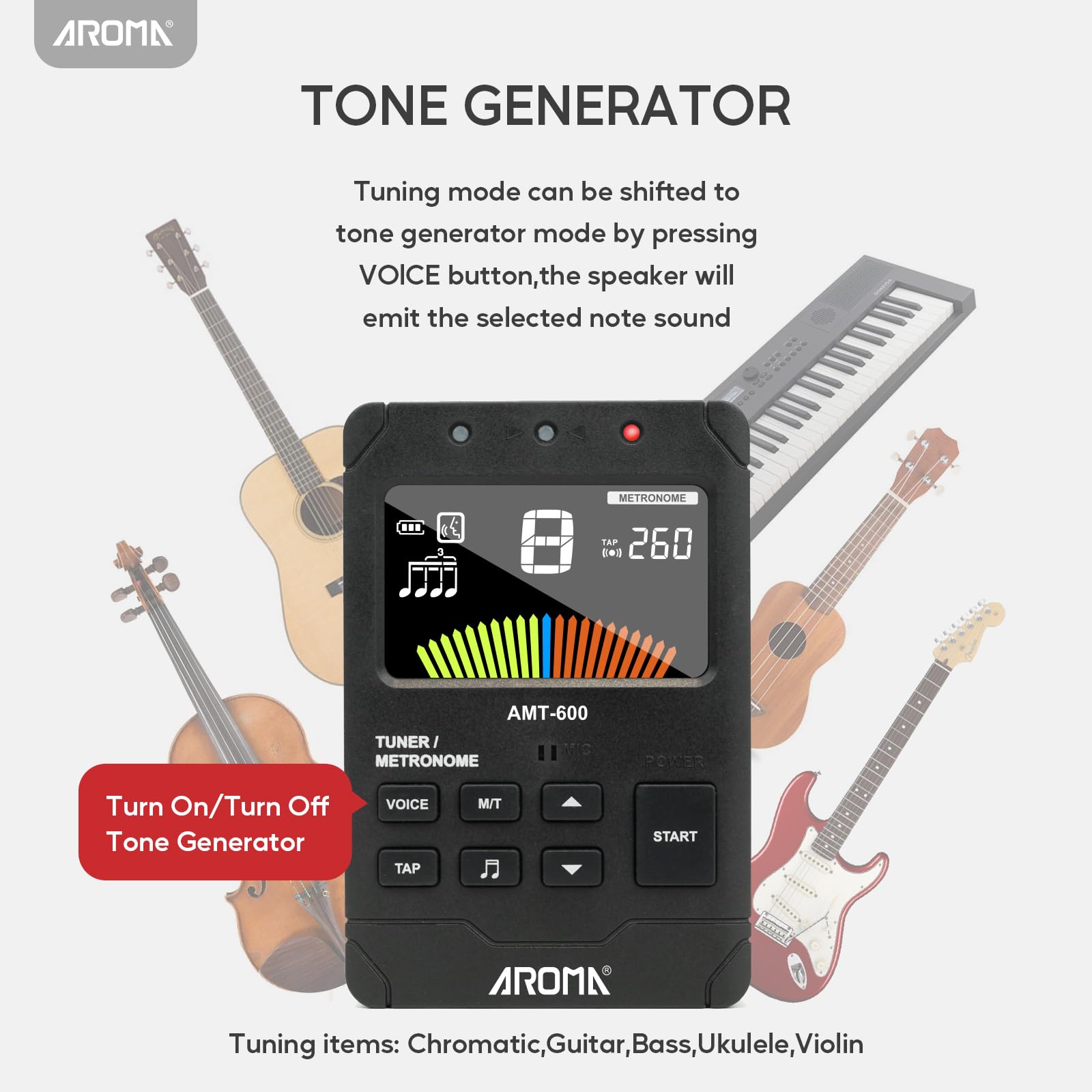 Aroma 3 In 1 Digital Metronome Tuner Rechargeable Suit For All Instruments -With Guitar, Bass, Violin, Ukulele And Chromatic Tun