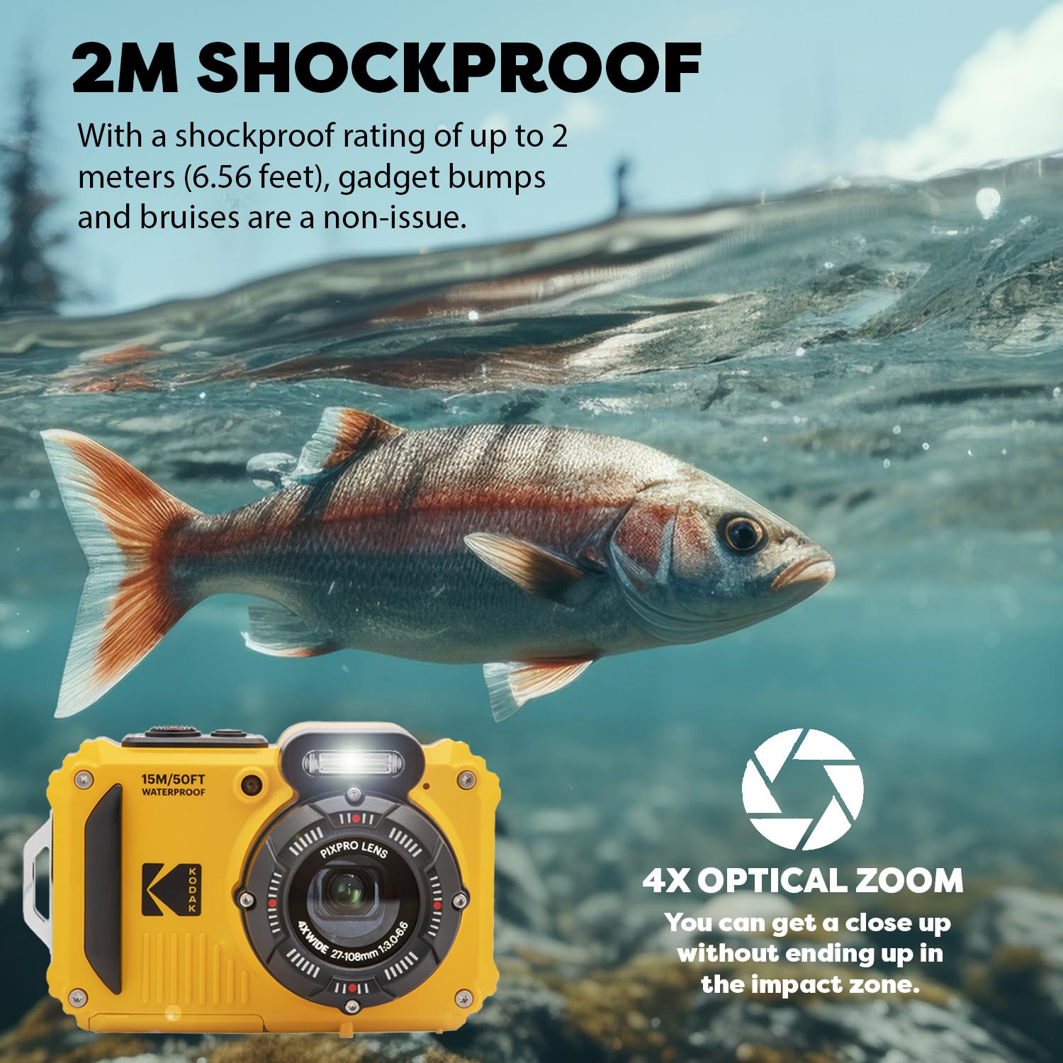 Kodak Pixpro Wpz2 Rugged Waterproof Shockproof Digital Camera 16Mp 4X Optical Zoom 1080P Full Hd Video, 2.7 Lcd (Yellow), 32Gb Sd Card, Black Compact Camera Case, Floating Strap, Bundle (7 Items)