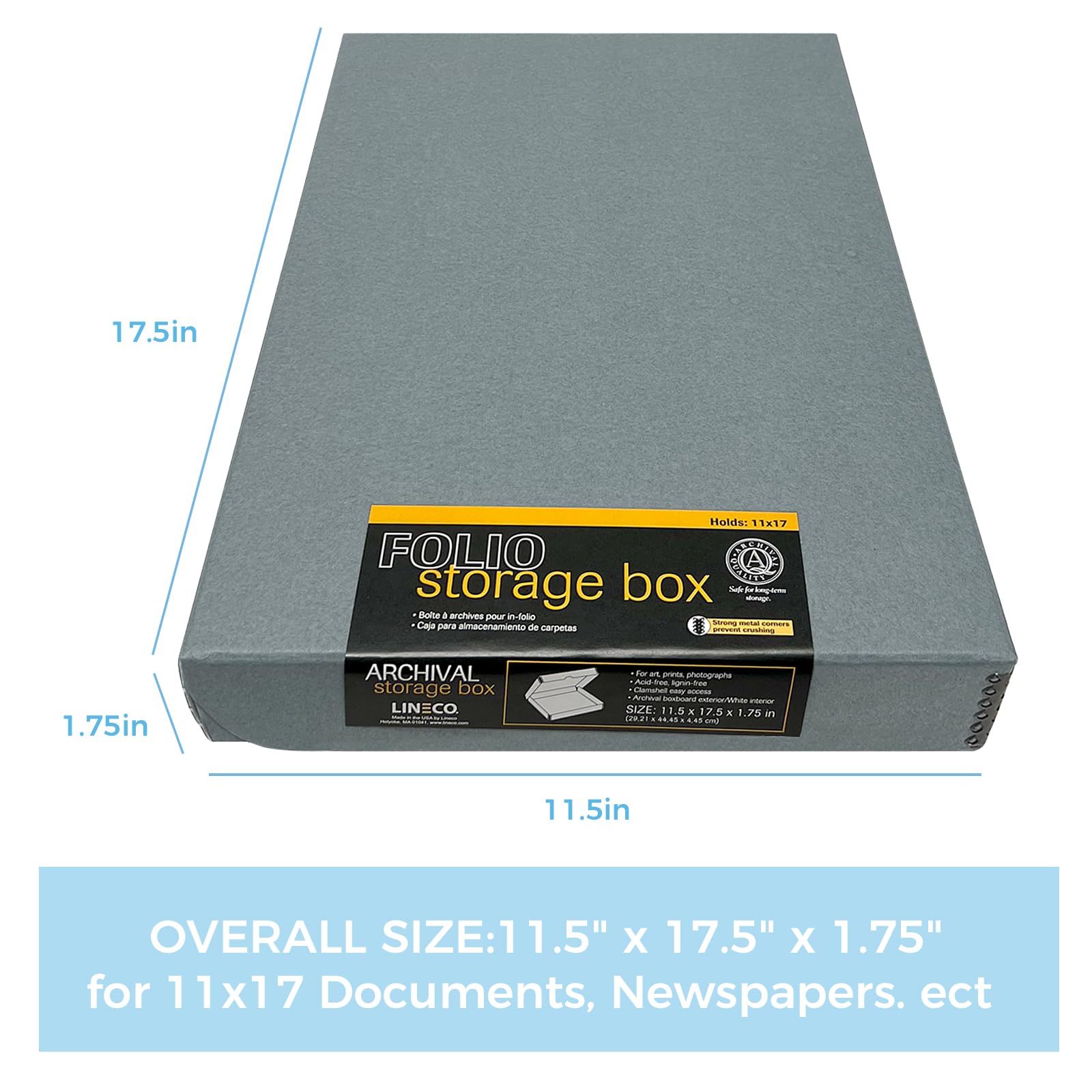 Lineco Folio Storage Box, Clamshell Design With Metal Edge. 11.5X17.5X1.75 Inches, Archival Boxboard, Preserve Photos, Cards, Magazines, Documents, Art, Ephemera, Family Records, Gray, Pack Of 1