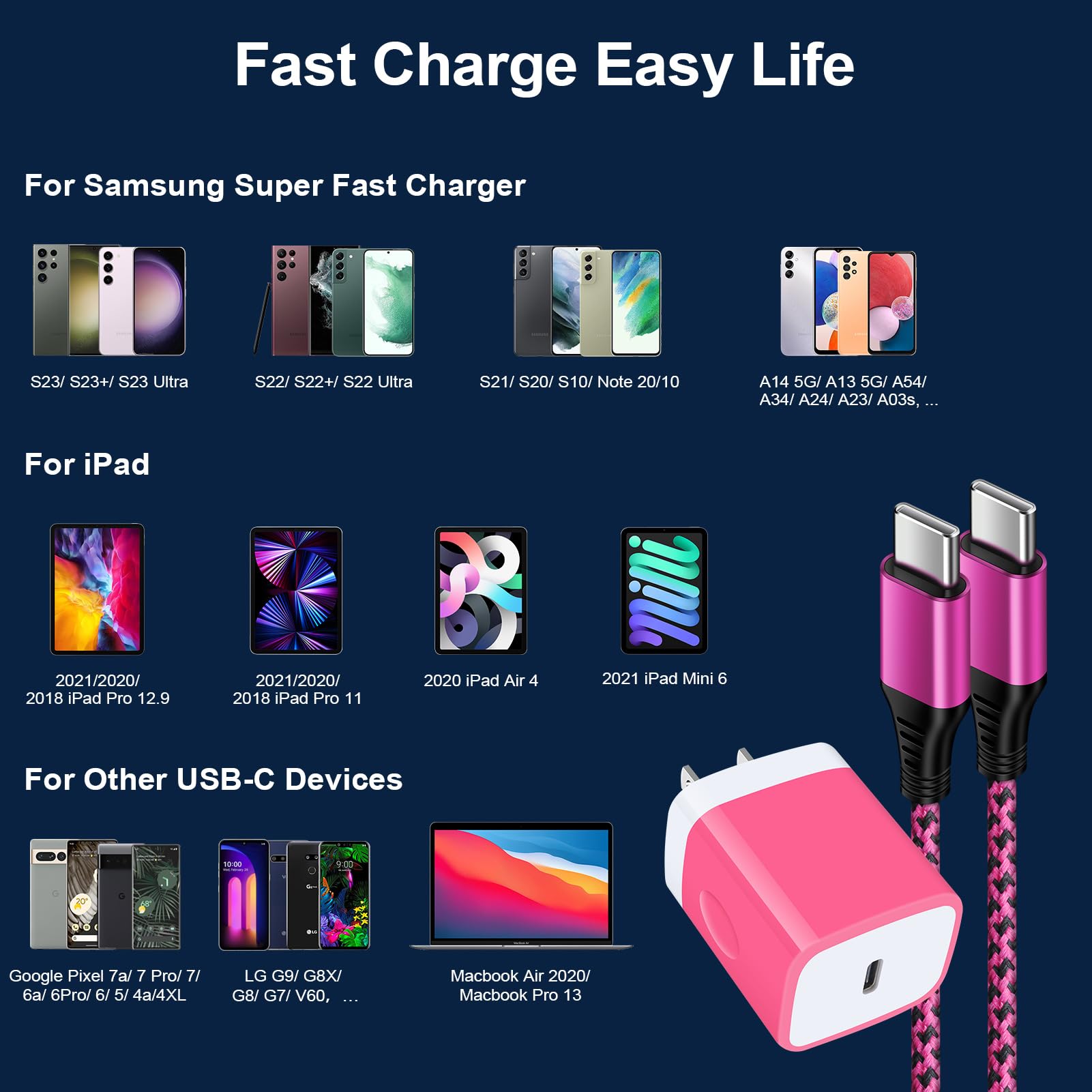 VIFIGEN Type C Fast Charger for Samsung Galaxy A Series & Pixel 9, 6FT USB-C Cable, Rose Red, Model PT-WC-20-PD
