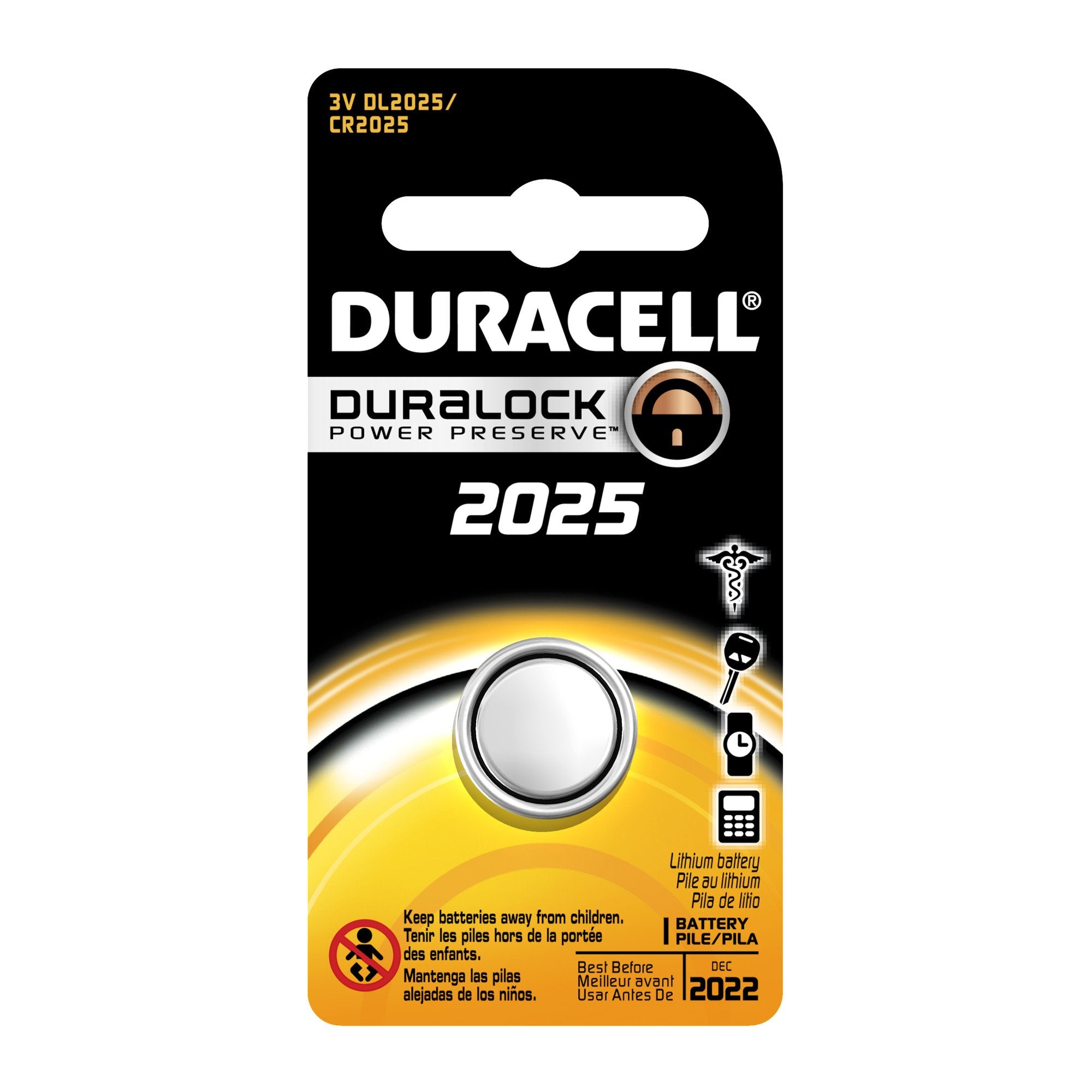 Duracell DL2025BPK Lithium Coin Battery, 2025 Size, 3V, 160 mAh Capacity (Case of 6)