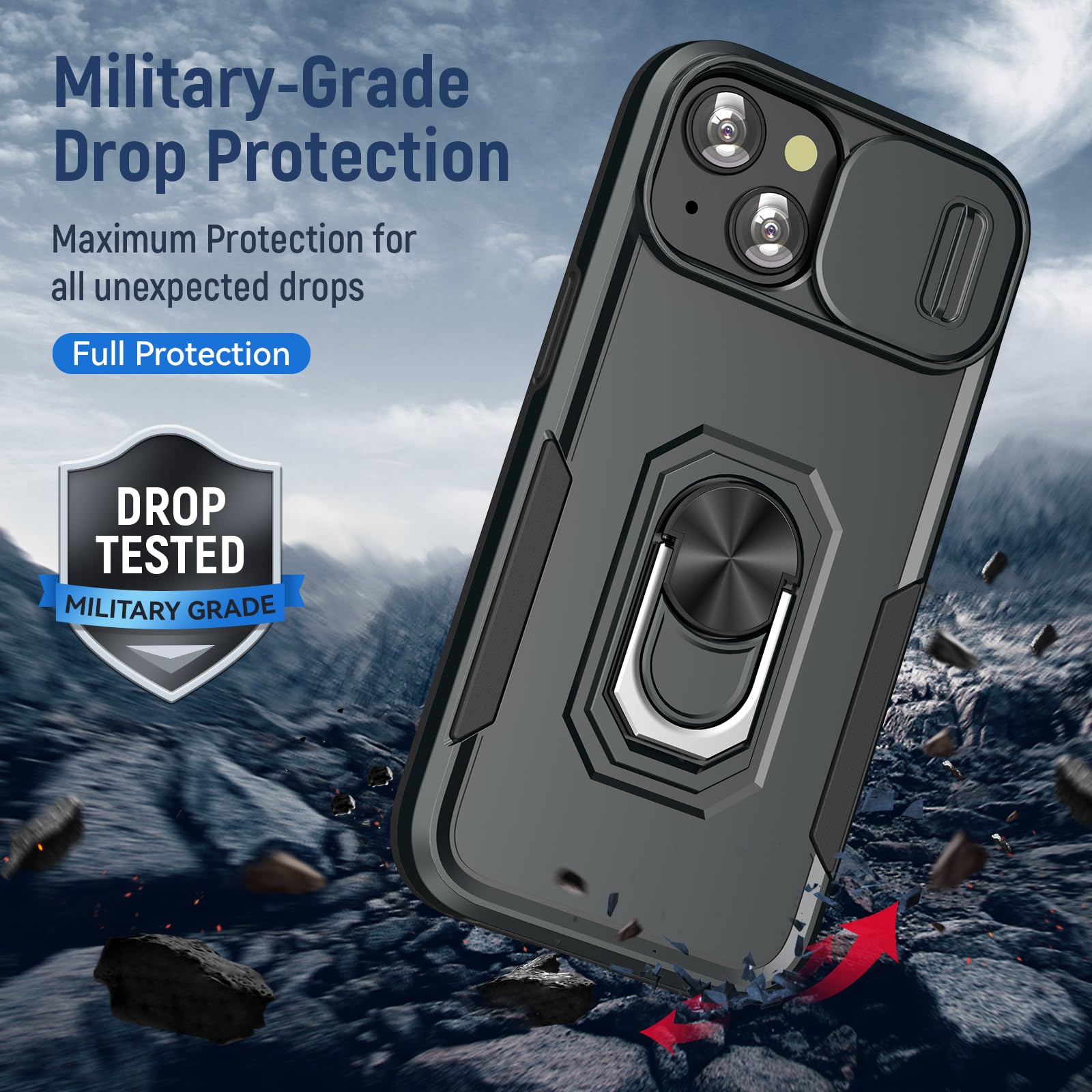 Sefing Case For Iphone 15 Phone Case Iphone 15 Case With Slide Camera Cover, With Finger Ring Holder Stand, Fit Magnetic Car Mou